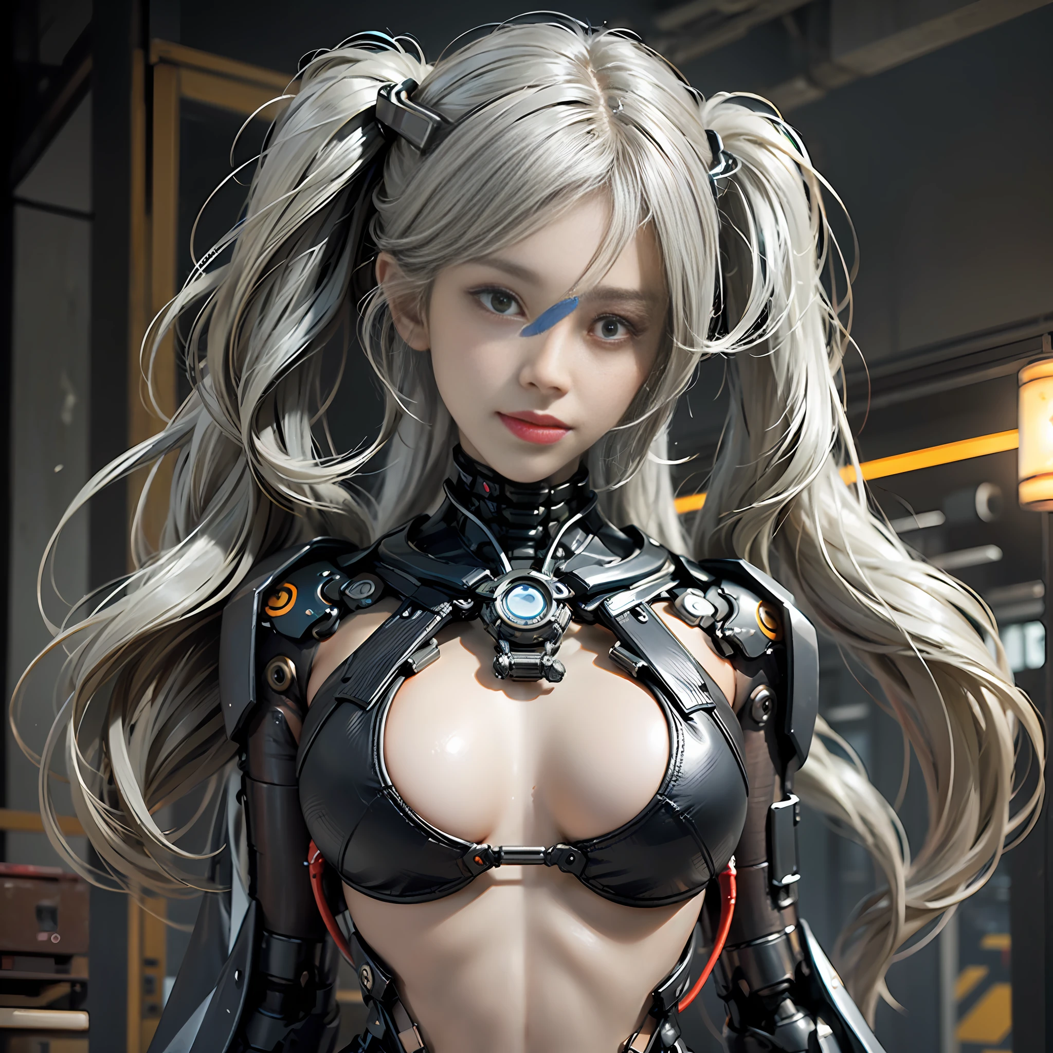 Beautiful Face,face is Japan, 1 Woman, Big, Curvaceous, (16k, RAW photo, top quality, masterpiece: 1.2), (HDR, Realistic, Photorealistic: 1.37) (tube attached to the body), (Bikini Cyborg robot parts)))), (light gray hair), Long hair, Wavy hair, Twin tails, Medium shot, ( Seductive smile)), (black eyes), double eyelids, princess cut, from below, (whole body),posing,,in the lab,( tube connected to blood vessel),((mechanical vertebrae attached to the back)),((mechanical neck attached to the neck)),(wire and cable attached to head and body),(character focus),science fiction,perfect female figure,perfect anatomy, hyperanatomy, full body shot, relationship between up to 4 fingers and 1 thumb, spherical joint,