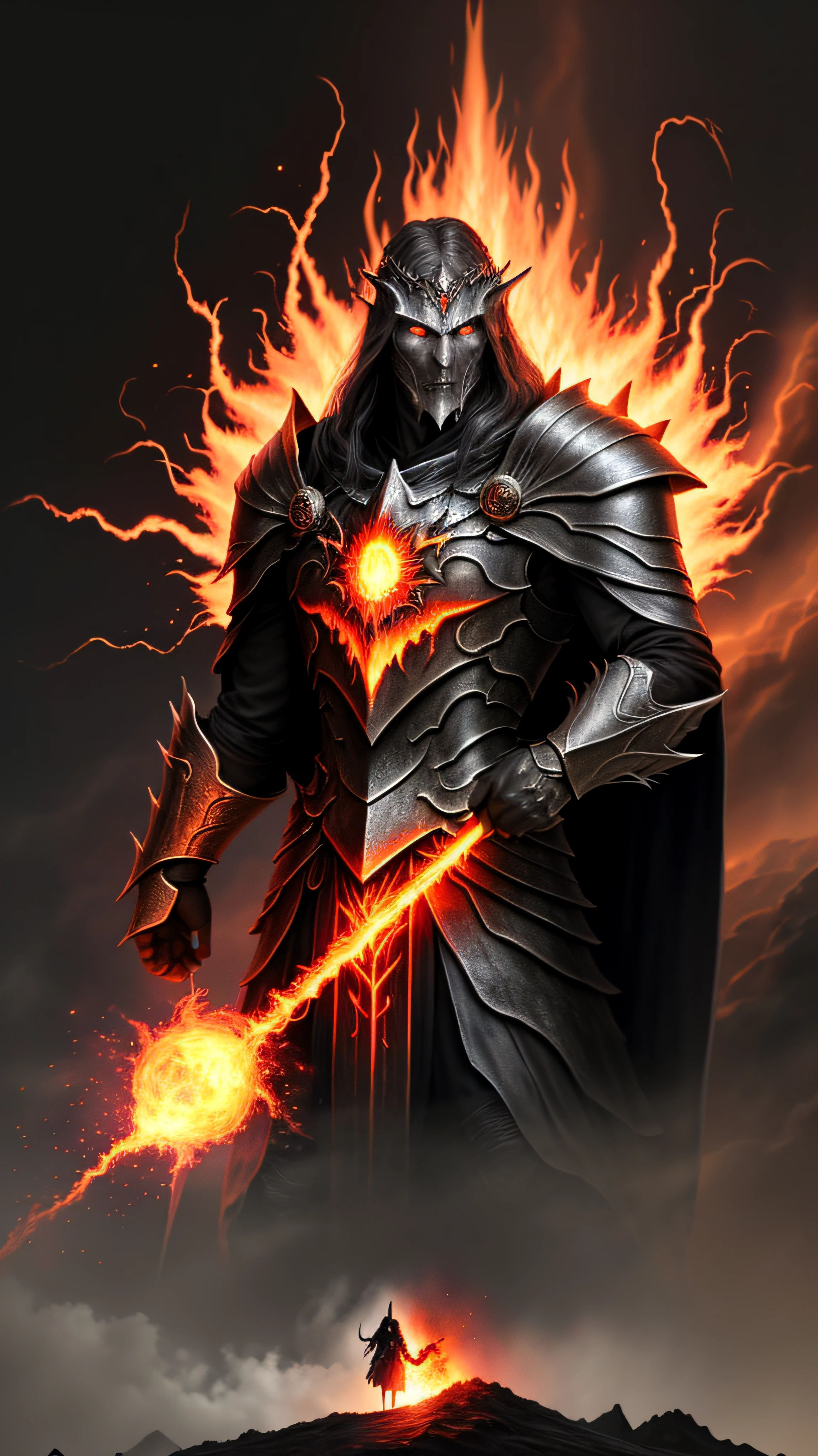 Lucifer in the Gates of Hell, At the threshold of the underworld, towering gates of obsidian loom ominously. Flames lick the edges, casting an eerie glow on the scene. In the center stands Lucifer, the fallen angel, with majestic wings spread wide. His form is both captivating and terrifying, radiating an aura of power and darkness. His eyes, ablaze with intensity, pierce through the darkness with a haunting gaze. Behind him, the depths of hell reveal a landscape of torment and despair. Fiery pits emit billowing smoke and molten lava, while tortured souls writhe in anguish. The air is heavy with a sulfurous stench, suffused with an oppressive heat. The atmosphere is menacing and foreboding, evoking a sense of dread and awe. The scene is captured in a digital artwork style, with meticulous attention to detail, intricate textures, and a dark color palette that accentuates the macabre nature of the underworld. --auto