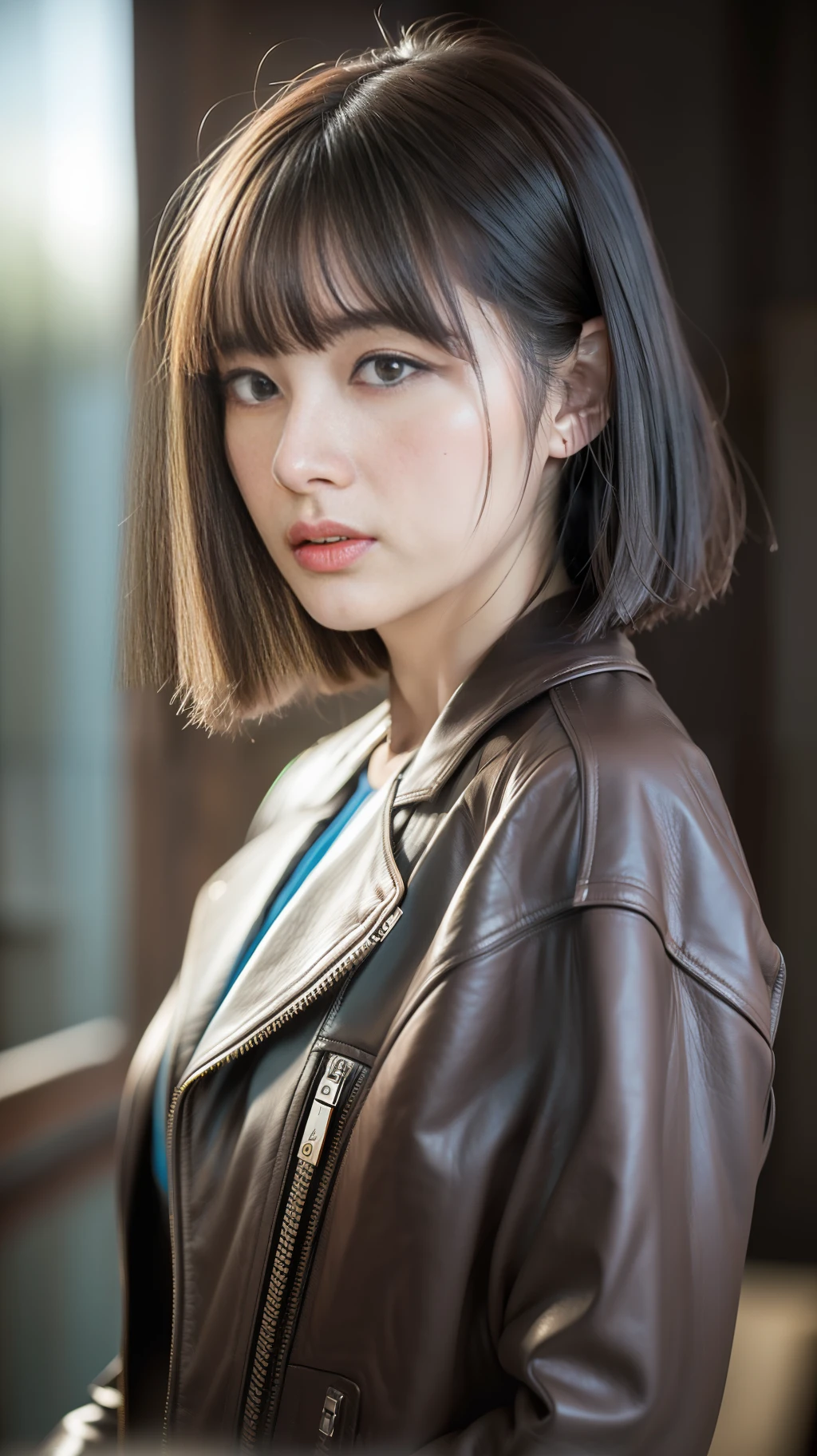((8k:1.27), best quality, masterpiece, ultra highres:1.2) Photo of Pretty Japanese woman
(beautiful:1.1) (sci-fi warrior woman:1.1) space soldier, (fringe cute and bangs hair:1.61) (leather jacket:1.21) intricate elegant, fantasy, detailed, volumetric by greg rutkowski and alphonse mucha, gradient lighting
