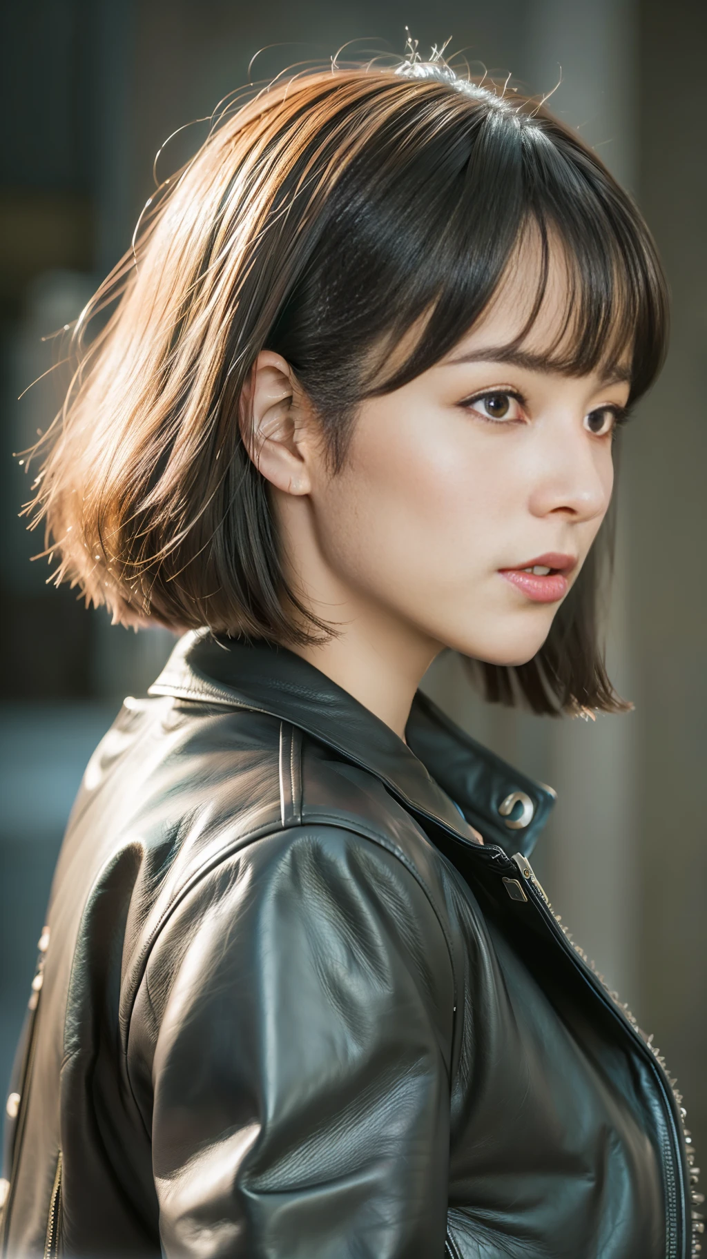 ((8k:1.27), best quality, masterpiece, ultra highres:1.2) Photo of Pretty Japanese woman
 (beautiful:1.1) (sci-fi warrior woman:1.1) space soldier, (fringe cute and bangs hair:1.61) (leather jacket:1.21) intricate elegant, fantasy, detailed, volumetric by greg rutkowski and alphonse mucha, gradient lighting