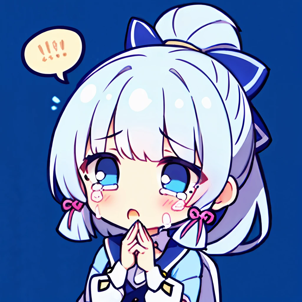 1girl,ayaka,(chibi:1.2),sad to say, white hair, blue eye, pinch the cheeks, crying, eyes shedding tears, shedding tears, crying screams, be spoken, beli es krim