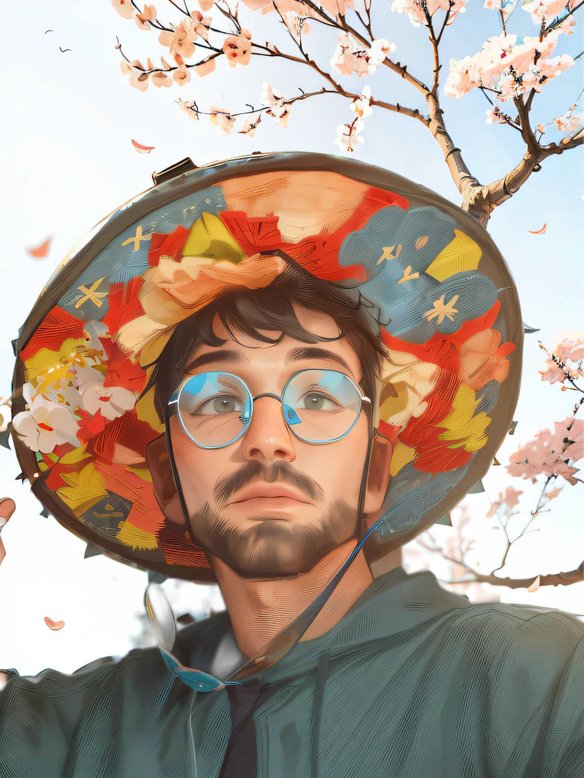 "Blue sky, sun, cherry tree in the background"