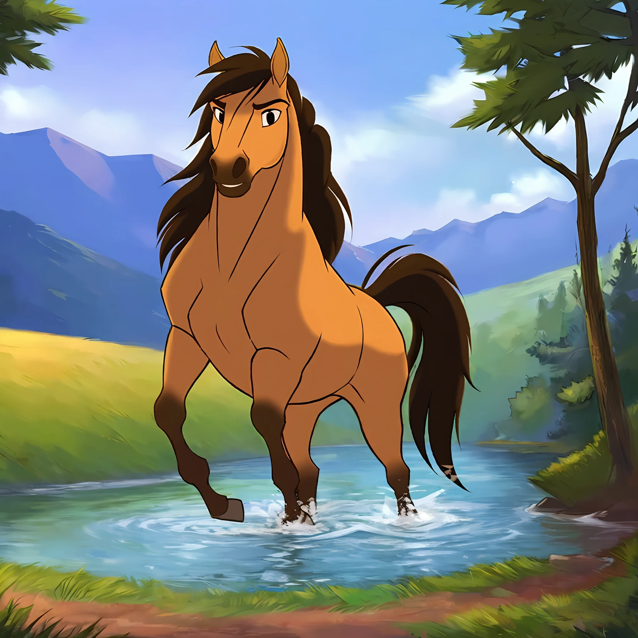 Spirit2002, horse standing in front of a waterfall, beautiful horse, one head, four legs, long mane, anatomically correct horse, Cartoon, prairies, mountains, freedom, white clouds, tall grass, waterfall in the background, waterfall flows into the river, sun