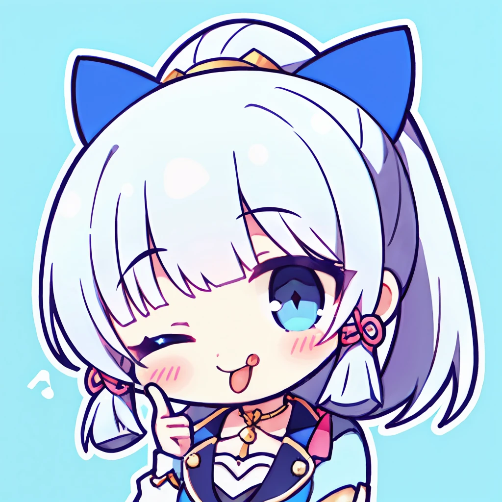 1girl,ayaka,(chibi:1.2), white hair, blue eye, red cheeks, tongue, tongue out, one eye closed, finger to eye