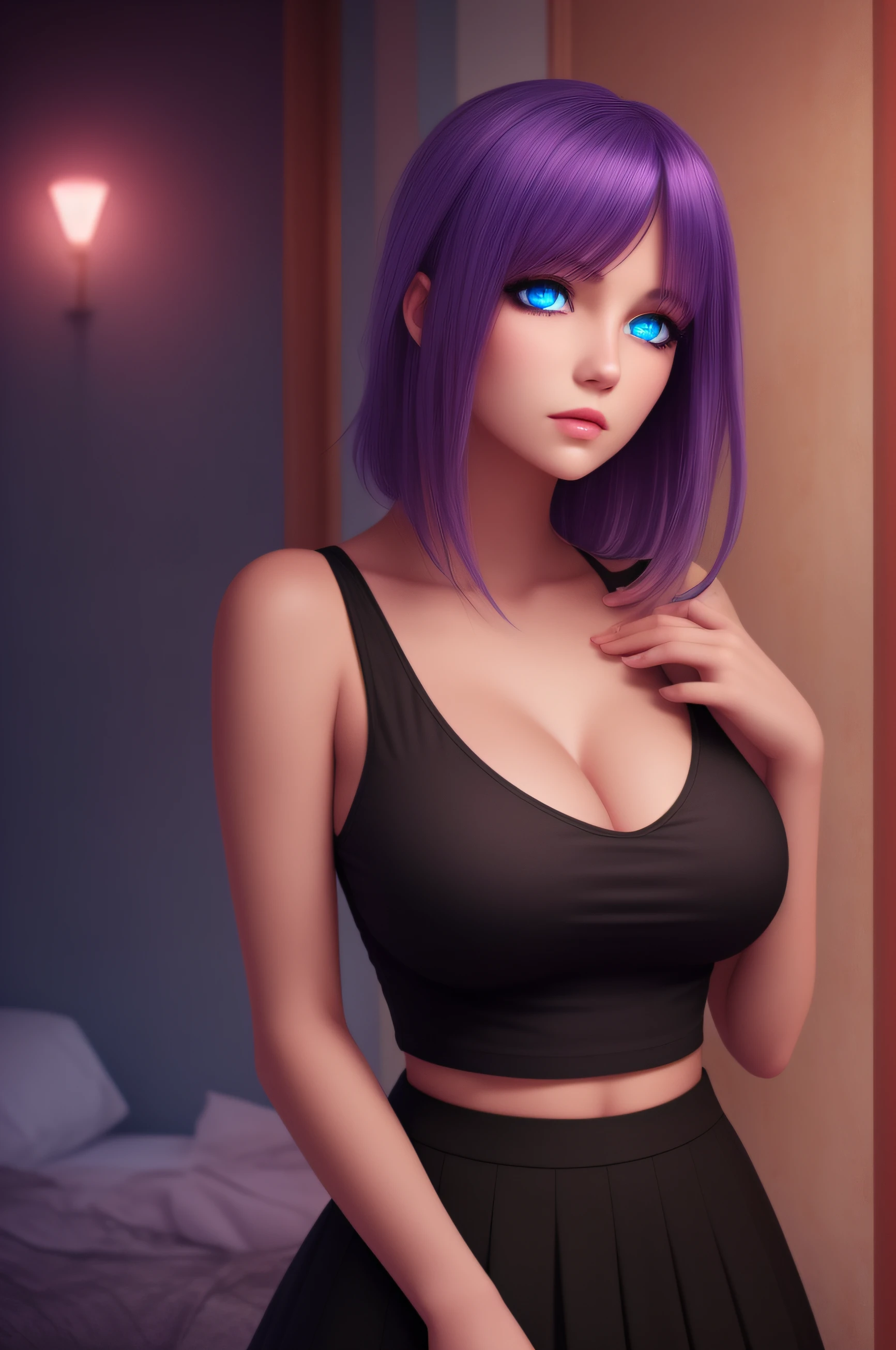 realistic, 1girl, purple hair, blue eyes, glowing eyes, black top, skirt, parted lips, blush, night, abandoned hotel, ghost, night, neckline , big breast,