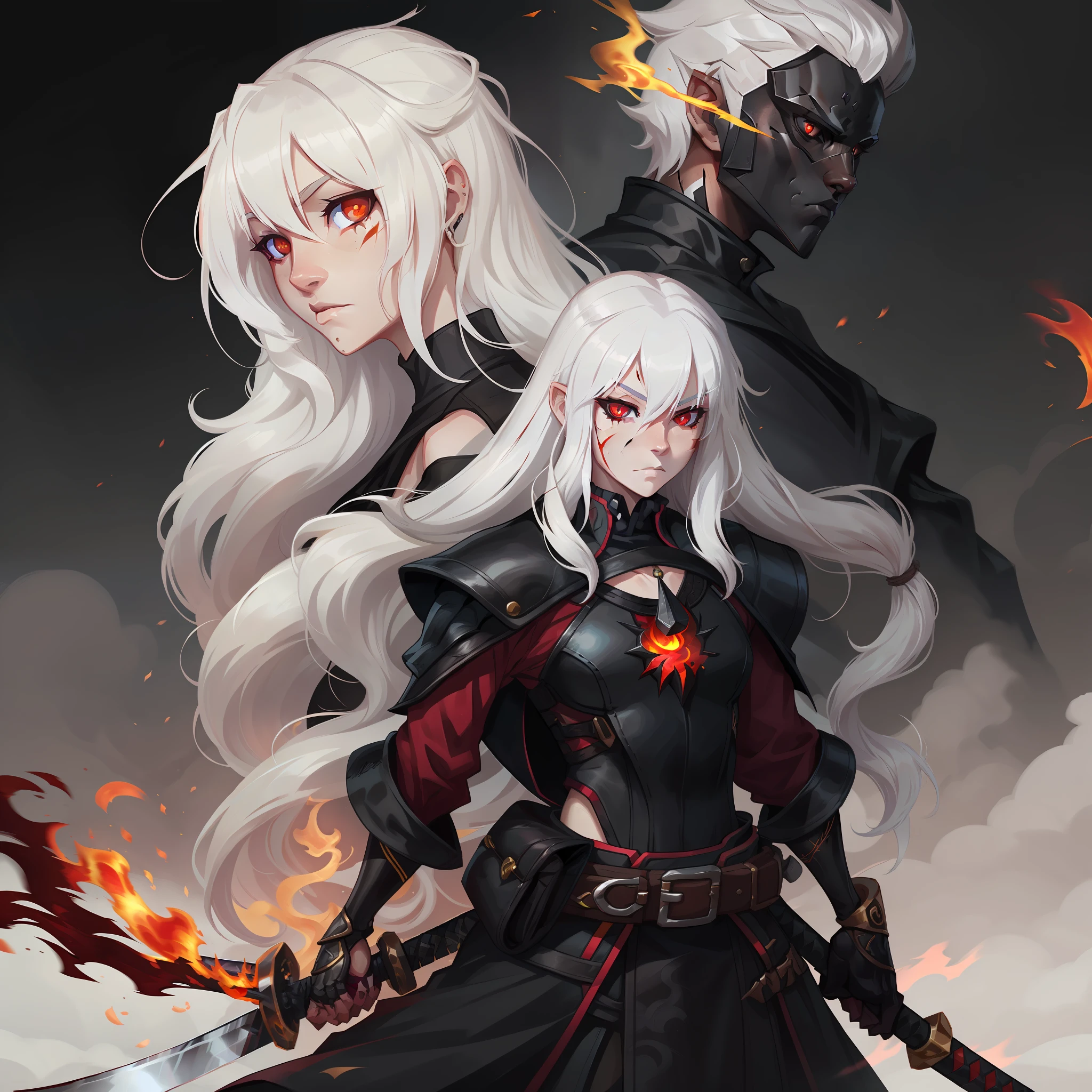 anime face white hair, red eyes, black fireball in hand, digital art, white hair, crimson red eyes, Fire around, standing, neutral background, arcane art style, long hair, male character, black clothing, black fire, katana on the back, brave look, battle wounds, most beautiful and detailed eye