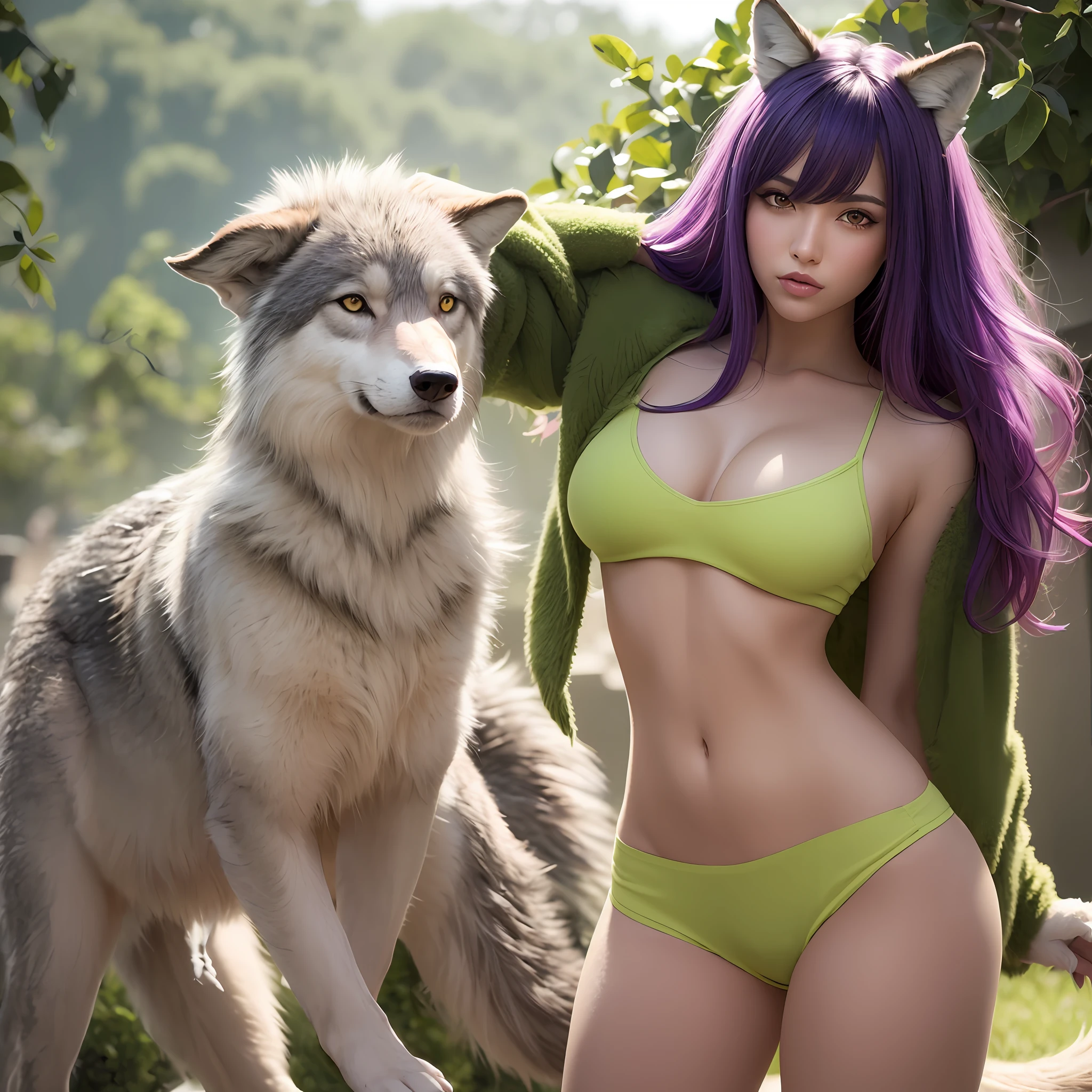 An ultra-detailed and stunningly beautiful CG illustration of a sultry green anthro wolf with luscious purple hair, piercing green eyes, a red nose, and a flushed face standing tall in short shorts. With a gorgeous green fur and yellow accents on the tummy, tail, and fur, this animalistic beauty exudes sensuality with every pose. --auto