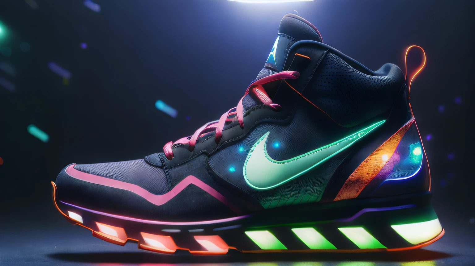 Imagine a pair of Nike Air Jordan shoes with a unique appearance: their upper part is made of a transparent material that resembles glass, giving them a shiny and elegant look. The "glass" texture has fine lines and intricate details to add visual depth.

As for the sole, it is brightly colored in neon to further highlight the futuristic design of the shoes. The vibrant colors contrast significantly with the transparent finish, creating an eye-catching effect.

This artistic representation combines modern and stylized elements to capture the distinctive essence of Nike Air Jordan while adding a unique and innovative interpretation. I hope this gives you an interesting visual idea of the concept you described. --auto