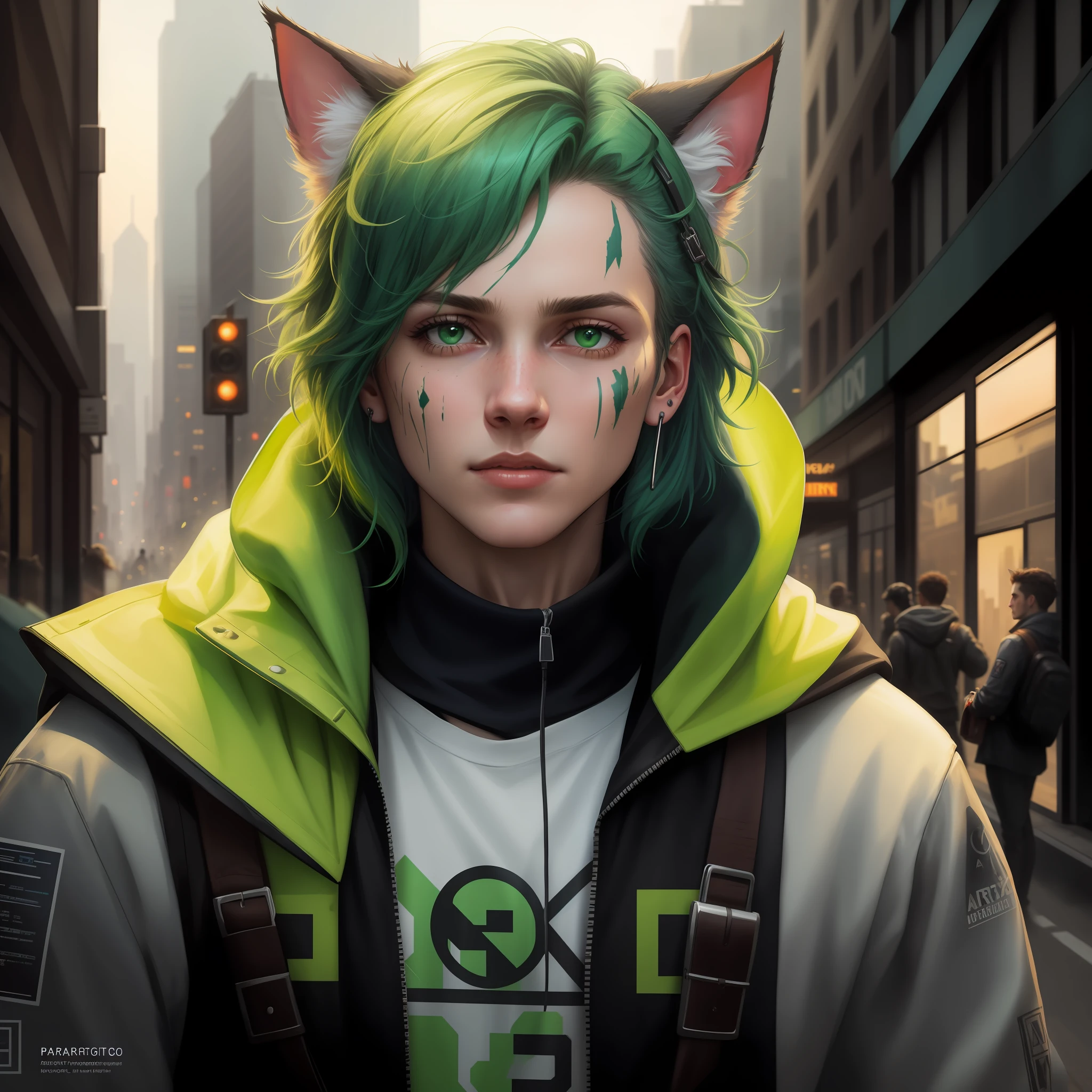 Portrait of {a hacker} with {green} hair and with scarred face, {city}, men, ears cat, perfect composition, hyperrealistic, super detailed, 8k, high quality, trending art, trending on artstation, sharp focus, studio photo, intricate details, highly detailed, by greg rutkowski