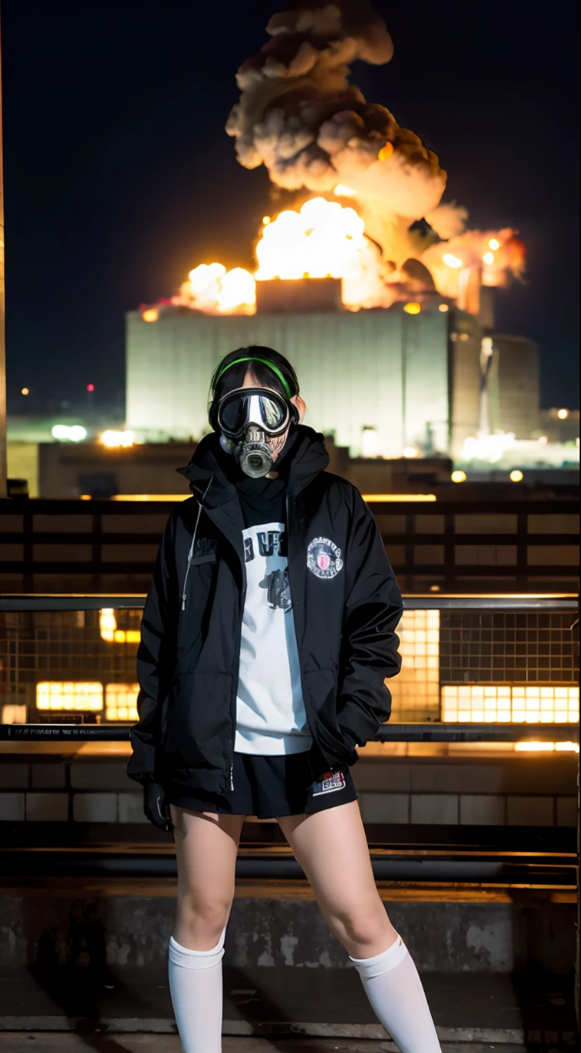 Background of nuclear power plant, terrorist group, fluorescent headgear, short hair, green hair, flamethrower, middle school student, ************, gas mask, high socks, rooftop at night, huge background is neon sign, leather gloves, background city is burning