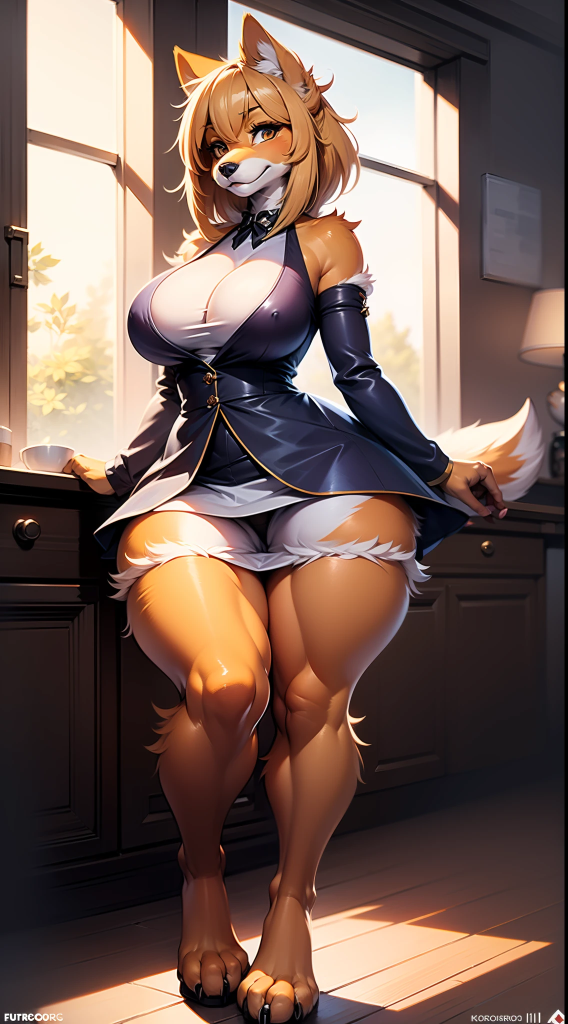 (anthro, fluffy fur, character focus:1.1), 1girl, anthro dog girl, body fur, solo, medium breasts, (thick thighs:0.3), curvy,(upskirt:1.2)