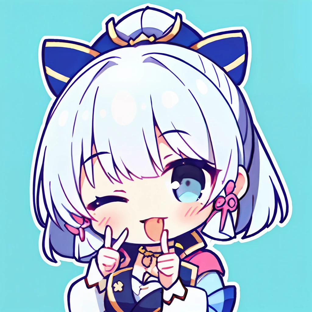 1girl,ayaka,(chibi:1.2), white hair, blue eye, red cheeks, tongue, tongue out, one eye closed, finger to eye