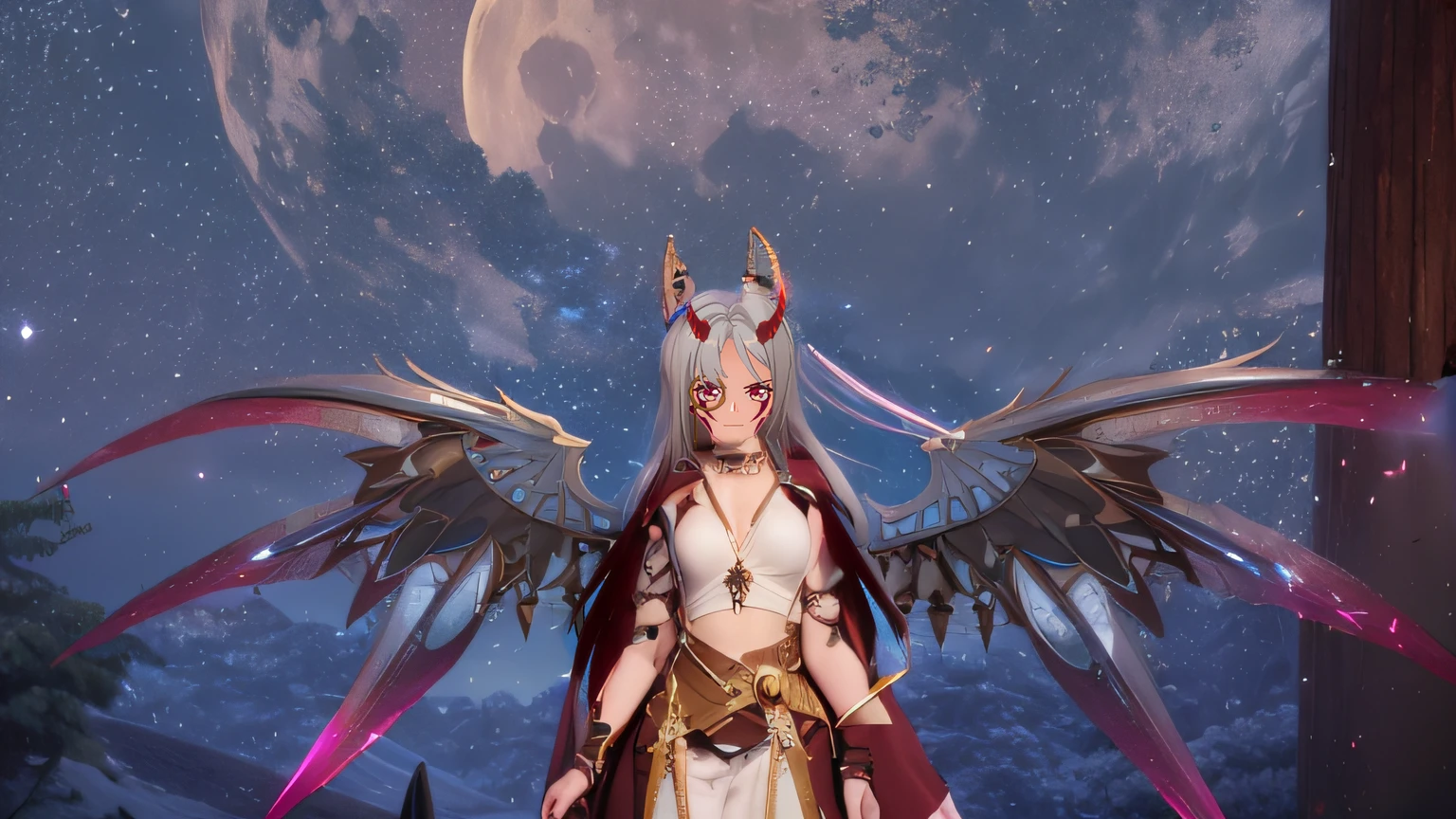 Anime character with horns and a heavy cybe parapet in the colors white dark pink standing in front of a full moon, moon clothes, fantasy outfit, in-game render, astral witch clothes, highly detailed full body, anime very detailed, clear outfit design, hair color white dark pink, 8k octae render photo, beautiful celestial demonin with large black cyborg wings on both sides