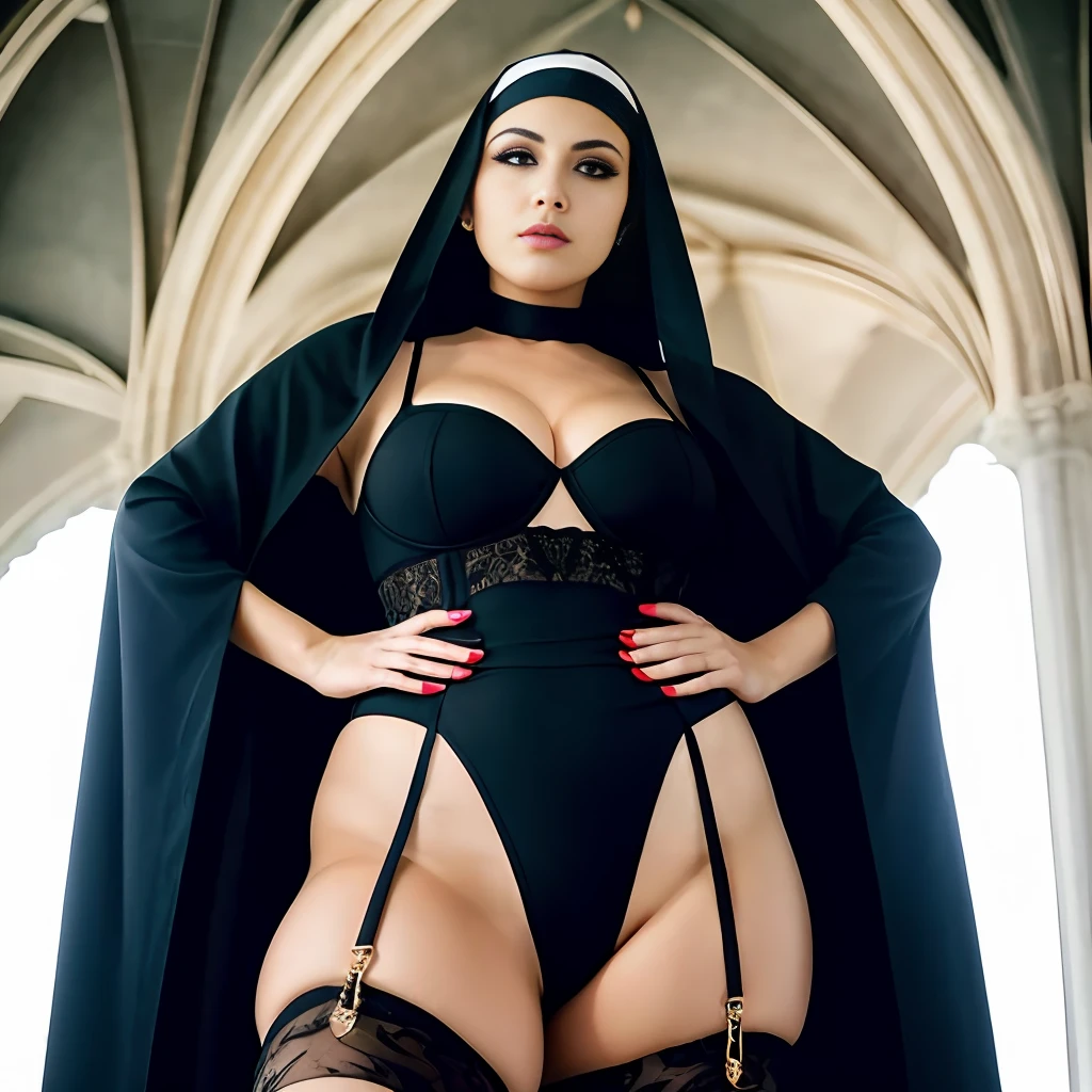 beautiful, masterpiece, simple background, gothic architecture, best quality, detailed images, vivid colors, detailed face, perfect lighting, perfect shadow, perfect eyes, wide angle viewer look, black eyes, perfect ahe-face, black gloves, black stockings, black garter belt, perfect hair, traditional nun clothes, gorgeous body, girl, solo, perfect, solo focus, tremendous big breasts, high heels, Big Ass, sexy_nun