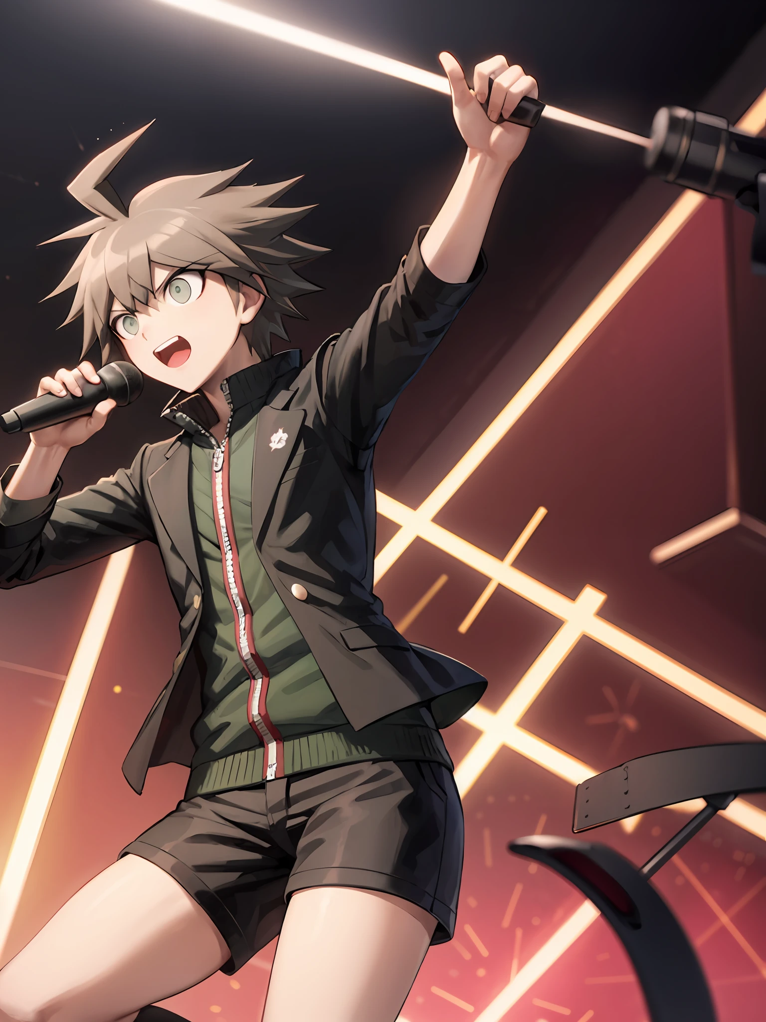 Makoto Naegi, Danganronpa anime style, head and shoulders shot, Hip hop, Holding a microphone,