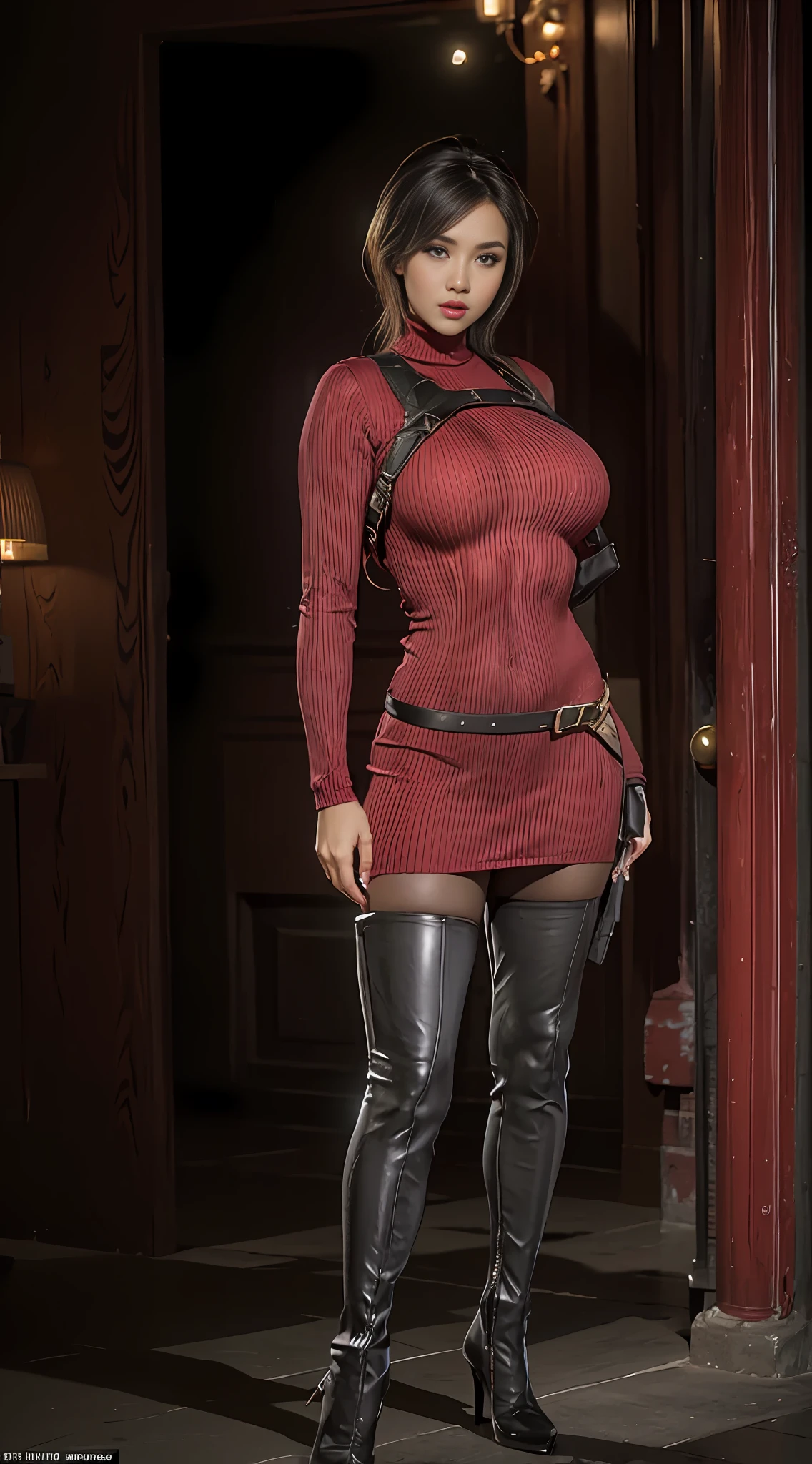 Unreal Engine, Realistic Rendering, Excellent, milf, looking on viewer, high detailed, 1girl, RE4, red sweater dress, turtleneck, ribbed sweater, thigh high boots, black pantyhose, harness, Best quality, masterpiece, ultra high res, (photorealistic:1.4), 1girl, cosplayer, walking down hallway of night city, beautiful face, makeup, ((top body is hyperrealistic slim and hyper gigantic breasts)), lower is huge buttocks, skintigh, shiny skin, bokeh, masterpiece, highres, 1080P, UHD