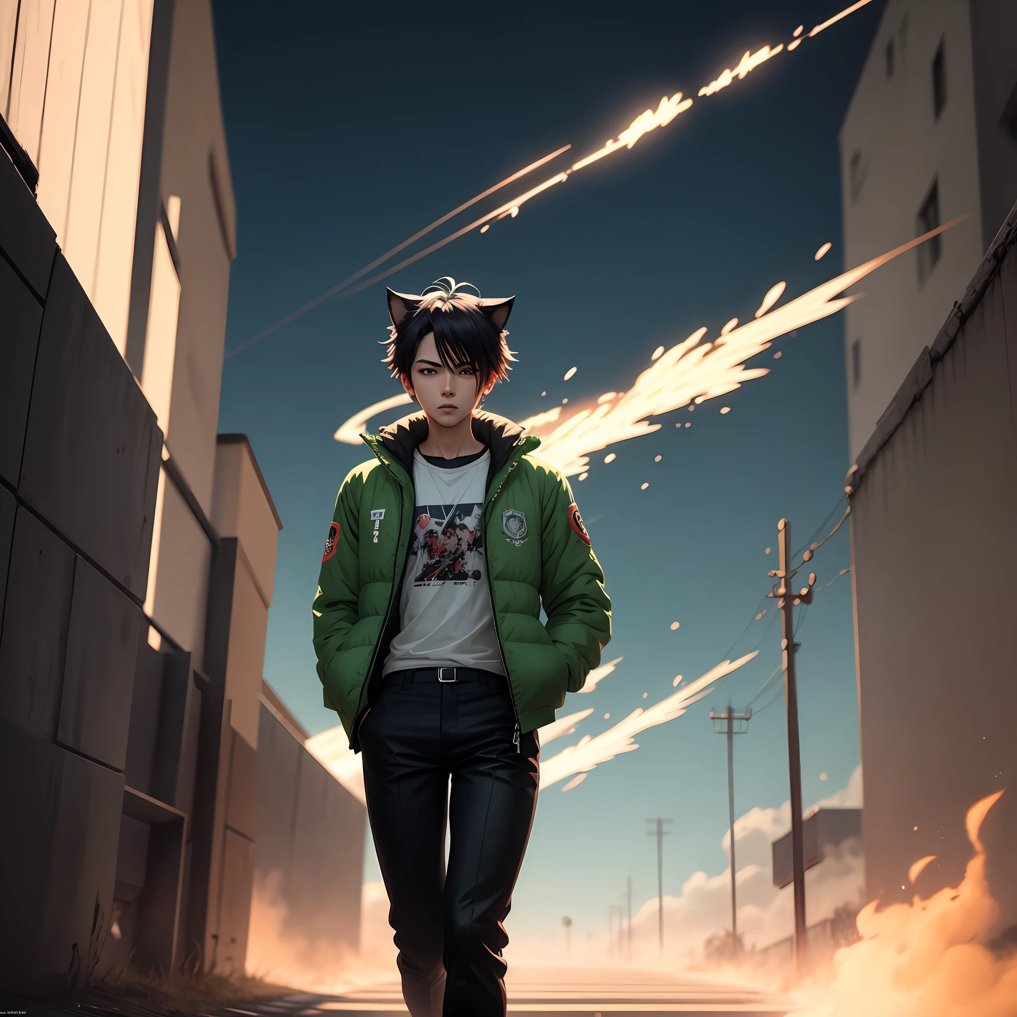 Jovem Anime boy in a green jacket and black pants standing on a bridge, 17 anos, com o fundo cheio de explosões, cat ears, anime style 4k, anime art wallpaper 8 k, anime art wallpaper 4 k, anime art wallpaper 4k, anime badass anime 8 k, anime style. 8k, 4k anime wallpaper, 4k anime wallpaper, epic anime style, 4k anime wallpaper, inspired by Liam Wong