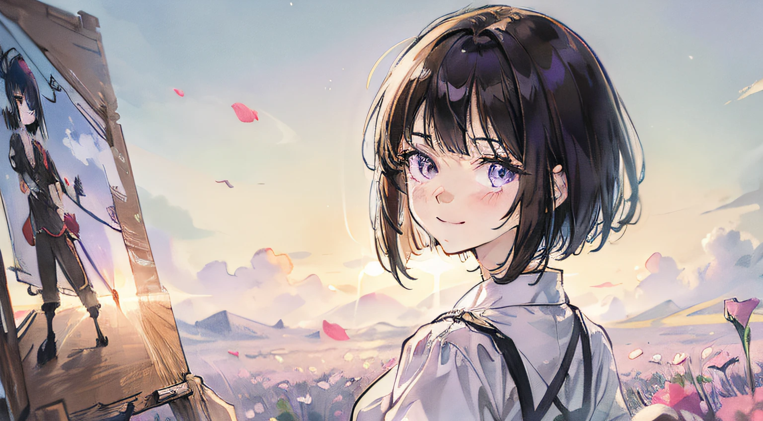 ((woman)), bob cut, brown hair, purple eyes, smile, expressionless eyes, Minimalism, anime, Color Field painting, bloom, chromatic aberration, from behind, lens flare, 4K, super detail