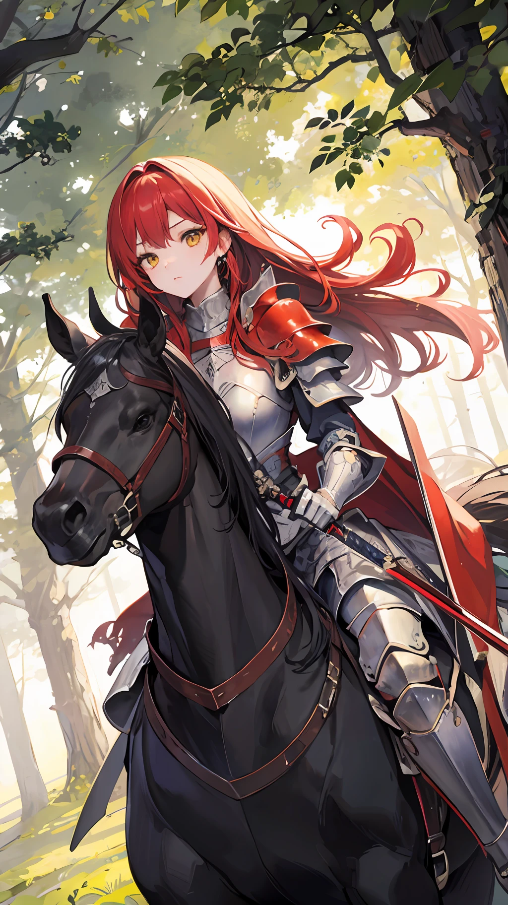 Masterpiece, best quality, 4k, wallpapers 8k, 1girl, red long hair, yellow eyes, armor knight, medieval sword, ridding in horse, middle the forest,