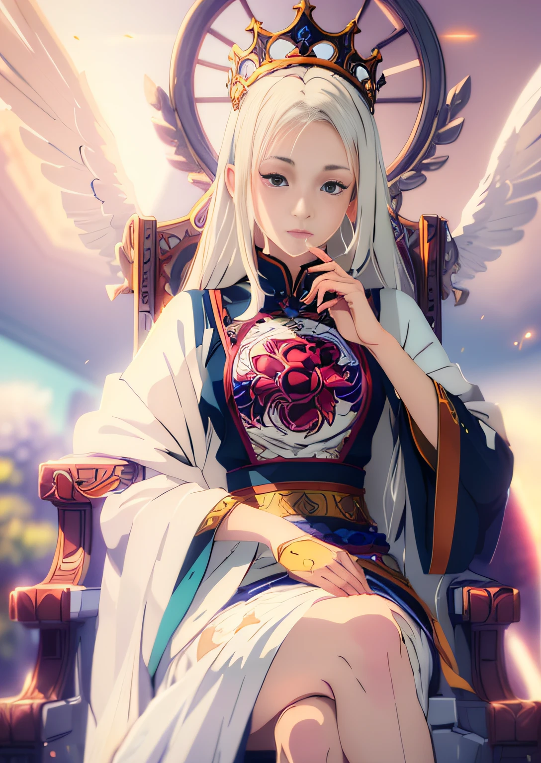 anime - style image of a woman sitting on a throne with wings, ((a beautiful fantasy empress)), white haired deity, a beautiful fantasy empress, sitting in a gilded throne, anime goddess, guweiz on pixiv artstation, better eyes, guweiz on artstation pixiv, artwork in the style of guweiz, perfect eyes and face, trending on artstation pixiv