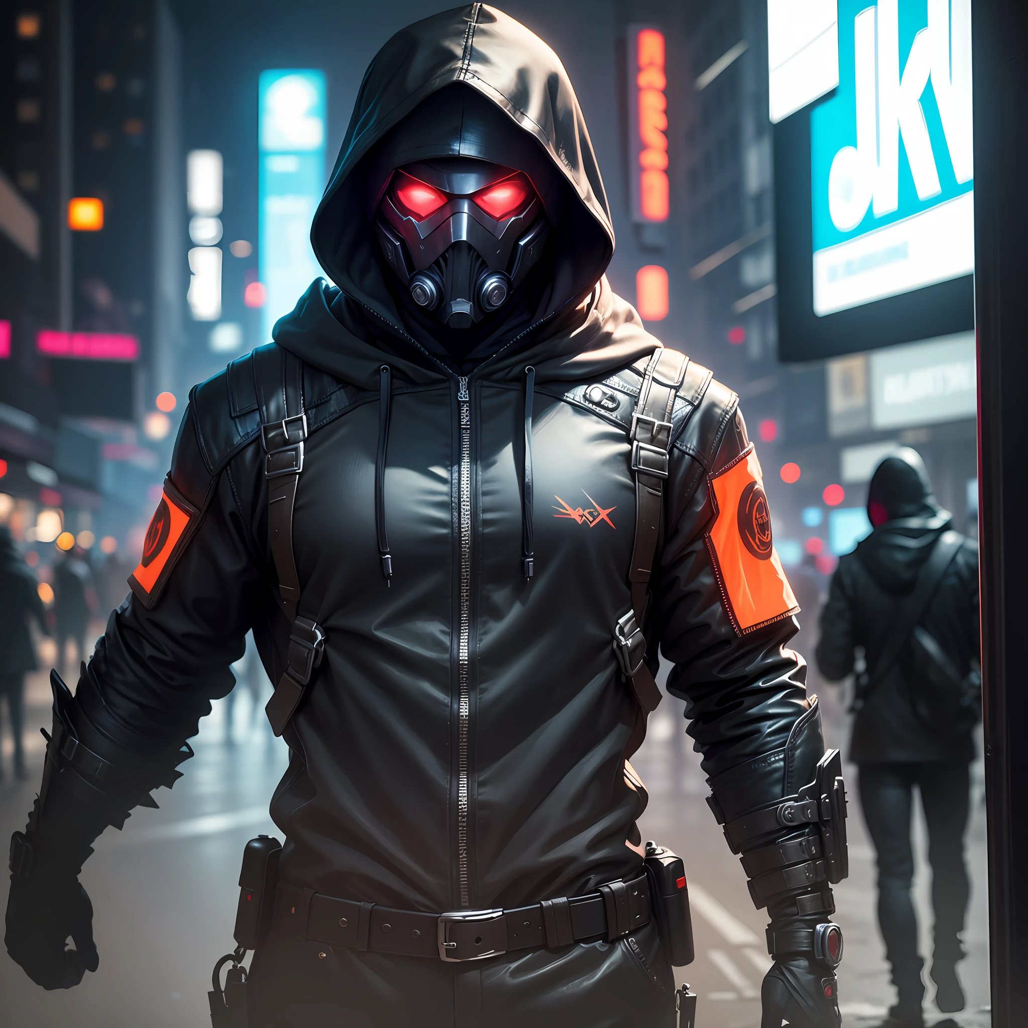 Masked Man with superior quality realistic hood, neon eyes, strong body, ultra realistic shadows, realistic skin and texture, in a cyberpunk night scene. --auto