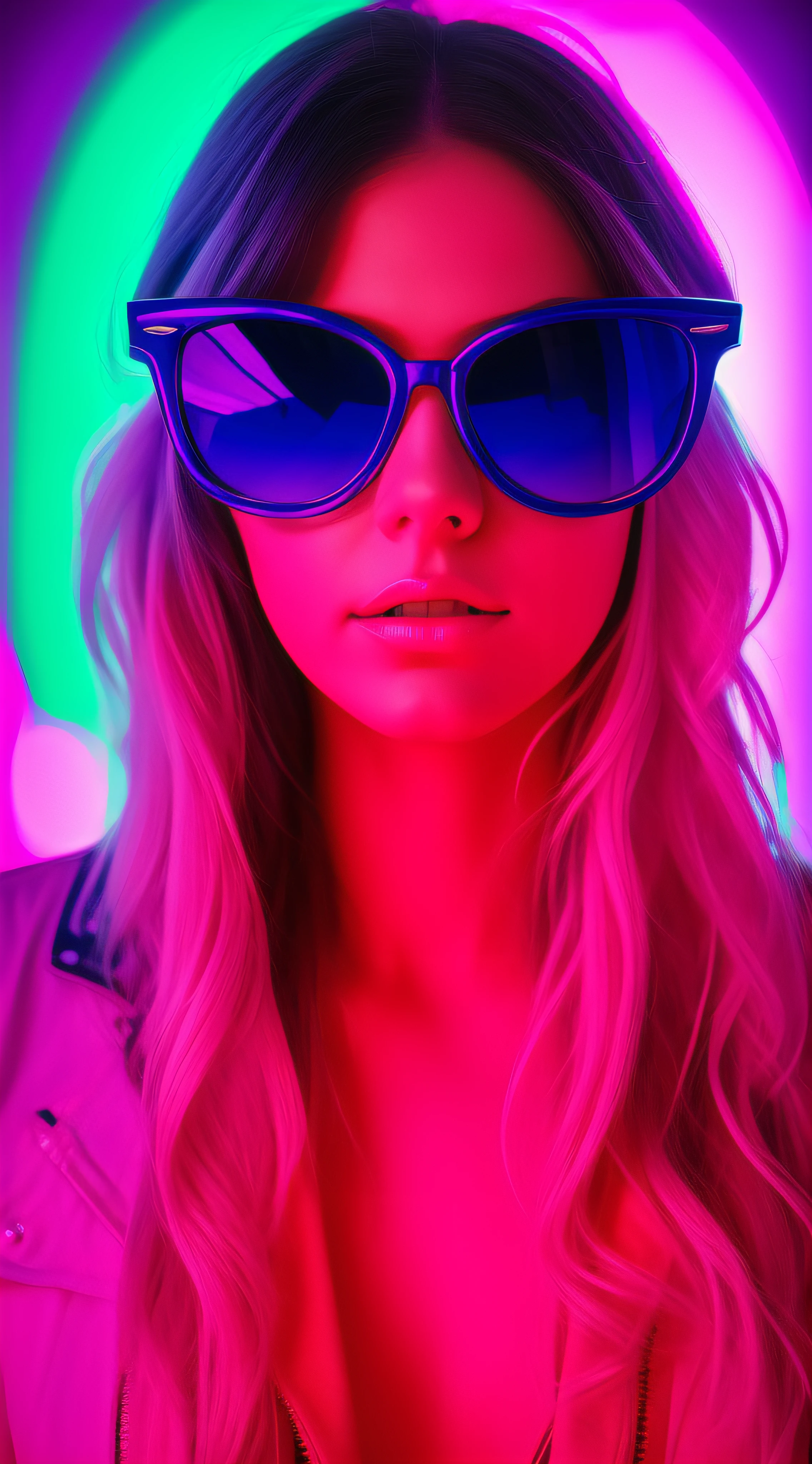 arafed image of a woman with sunglasses, neon lenses, ultraviolet and neon colors, modeling photography, pink and neon blue, pink and blue lighting, glamour color portrait, ultraviolet photography, bright with colored light, colored lenses, synthwave style, neon lenses for eyes, color photography, with neon lights