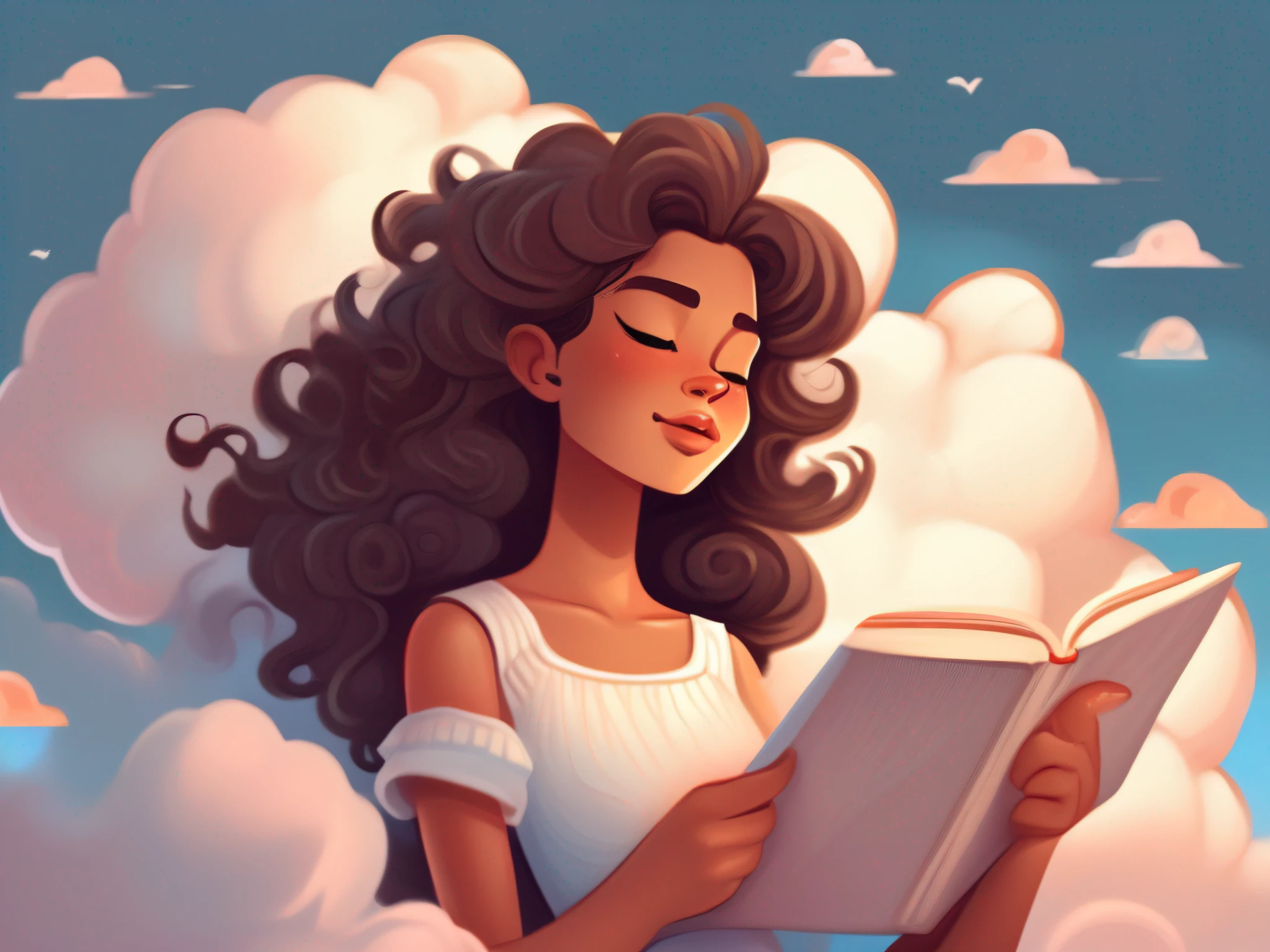 ultra hd photo, wallpaper format, illustration of a woman ((brunette skin)) tan skin girl, fleshy mouth (big wavy hair) reading a book in the clouds, goddess of clouds, girl clouds, fantasy book illustration, procreate illustration, dreamy illustration, digital illustration style, book portrait book illustration, color illustration, stylized digital illustration, fabulous illustrations, curled hair made of cloud, beautiful woman, glasses, stylish, cyan tones, brightness, magic