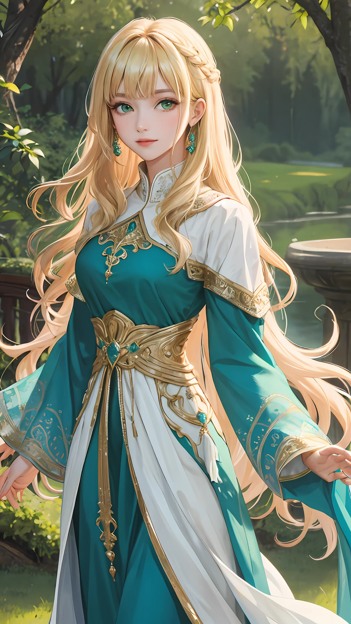 masterpiece, best quality, looking at the viewer, wavy hair, bangs, long hair, royal dress, outdoors, blonde hair, green eyes.