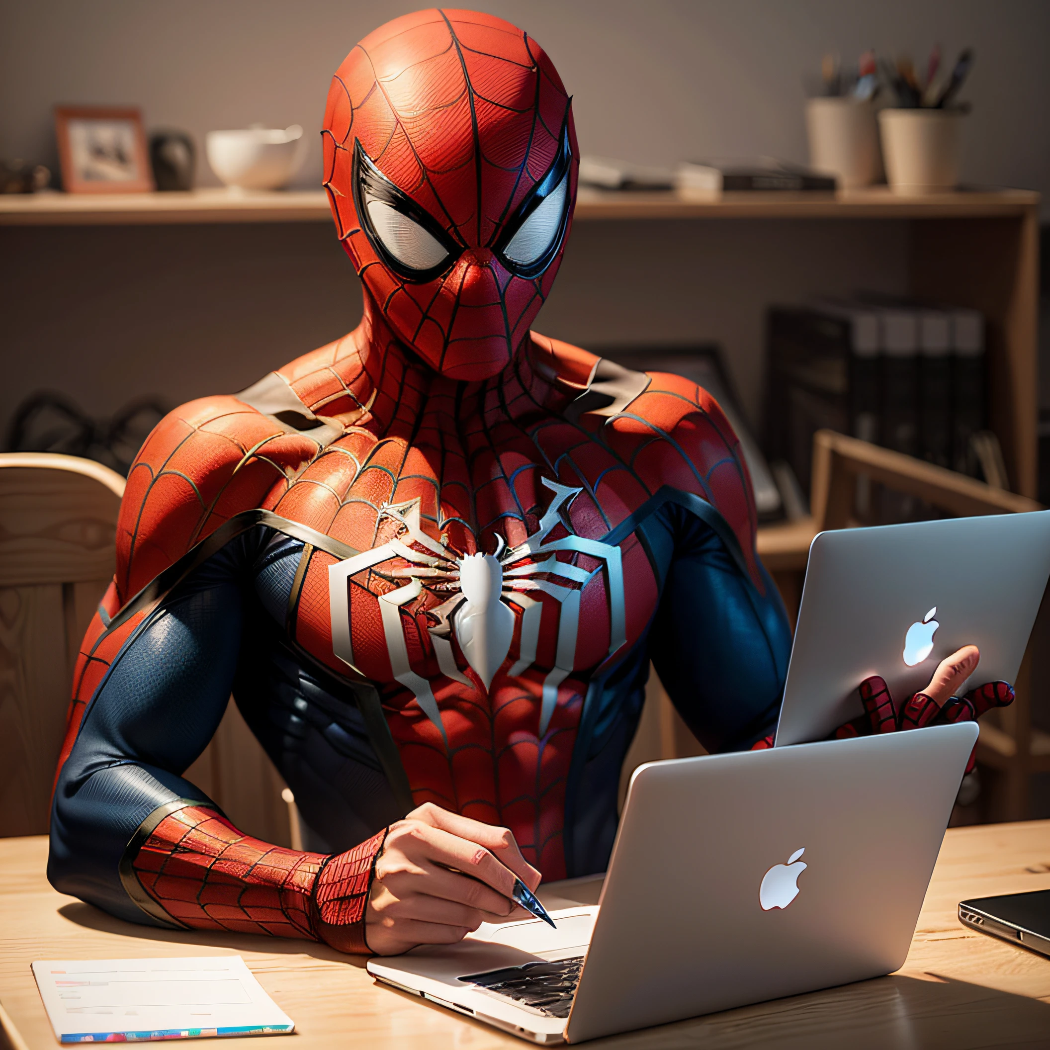 Draw a scene where Spider-Man is writing on a macbook on a table --auto