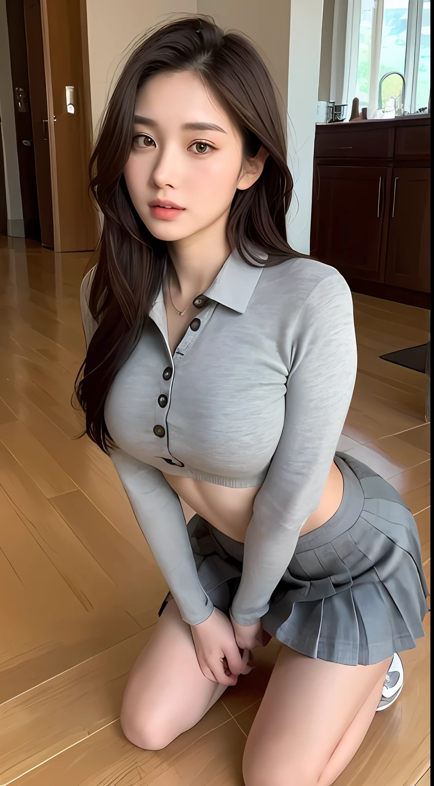 ((Top Quality, 8k, Masterpiece: 1.3)), Beauty, 1 Girl, Beautiful: 1.3, Slender Abs: 1.1, Dark Brown Hair, (Kneeling on the Floor, Open Legs: 1.2), Ultra Detailed Face, Highly Detailed Lips, Detailed Eyes, Double Eyelids, Uniform, Pleated Skirt