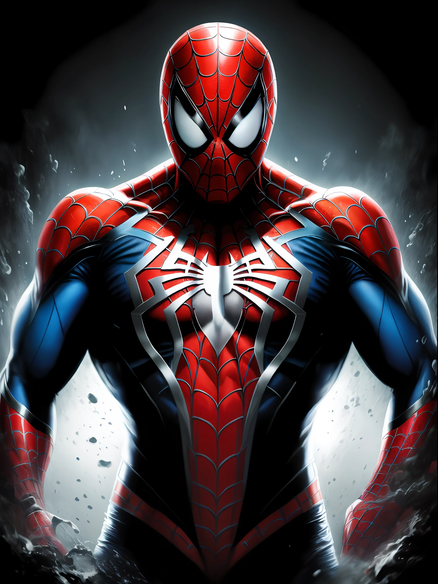 Comic style + hyper-realistic oil painting, full cinematic poster of Spider-Man in dynamic pose. Cinematic, highly detailed, detailed face, realistic, black background with cinematic spider web, vibrant colors.