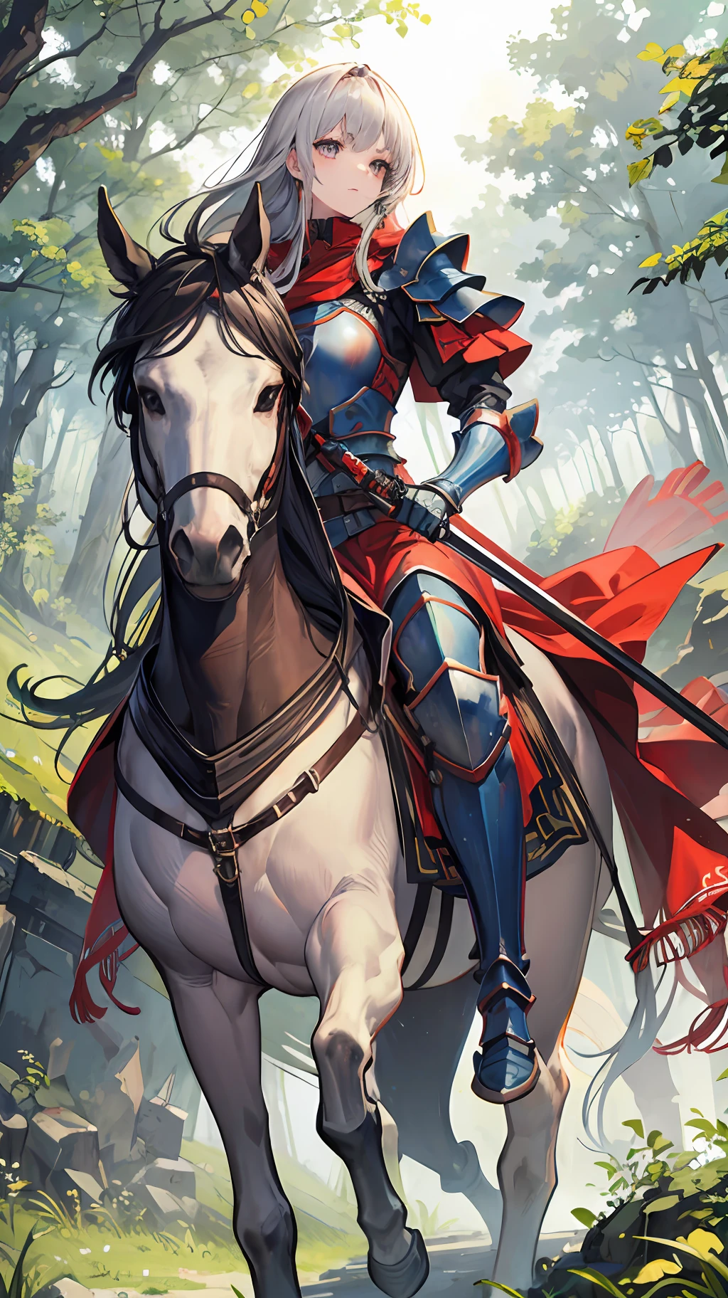 Masterpiece, best quality, 4k, wallpapers 8k, 1girl, long hair, armor knight, medieval sword, ridding in horse, middle the forest,