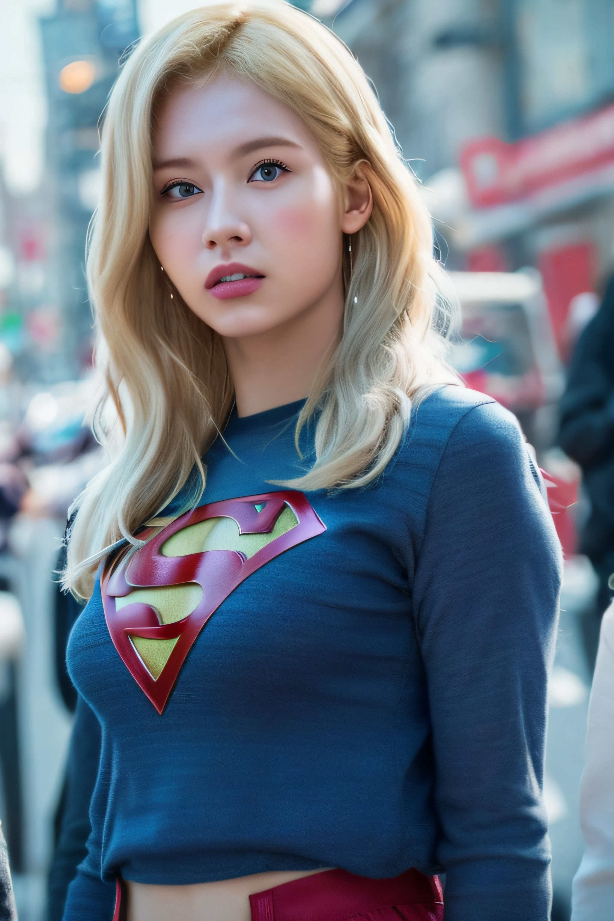 twicesana,photo of a 20 years old girl, best quality, real image, intricate detail, ultra detail, ultra resolution, depth field, (realistic, realistic: 1.2), masterpiece, photo 1girl, supergirl, injured, superhero, realistic,supergirl suit, torn clothes, red skirt, (dirty, bruised, blood: 1.3), brown eyes, blonde, long hair, serious, angry, solo, (exposed torn clothes, torn clothes: 1.3), ruined city background, best quality, realistic, realistic, (complex details: 1.2), (fine details), (cinematic light), clear lines, sharp focus, realistic face, detailed beautiful face, fly in the sky