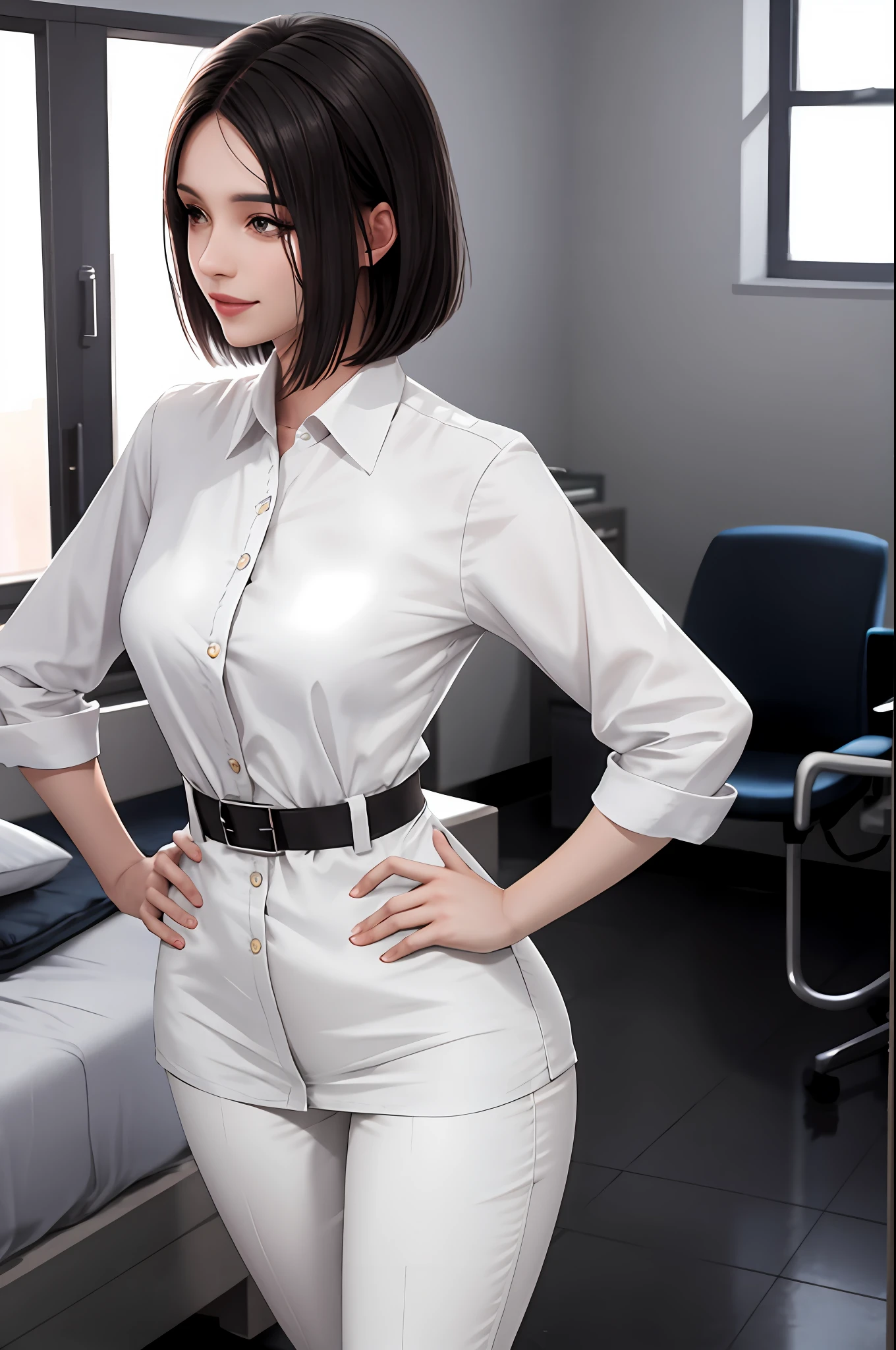 masterpiece, top quality, high quality, high resolution, high quality textures, high quality shadows, high detail, realistic, cinematic lights, side lights, lens flares, ray tracing, sharp focus, beautiful adult woman with black hair, elegant, tall, long bob cut, nurse, hospital, wearing white nursing clothes, white uniform, wearing stethoscope from the neck. Sunset. Wearing white pants. Manly. Slim thighs, small breasts, slim, long eyelashes, mature, white sneakers, smile, beauty. Hands on hips