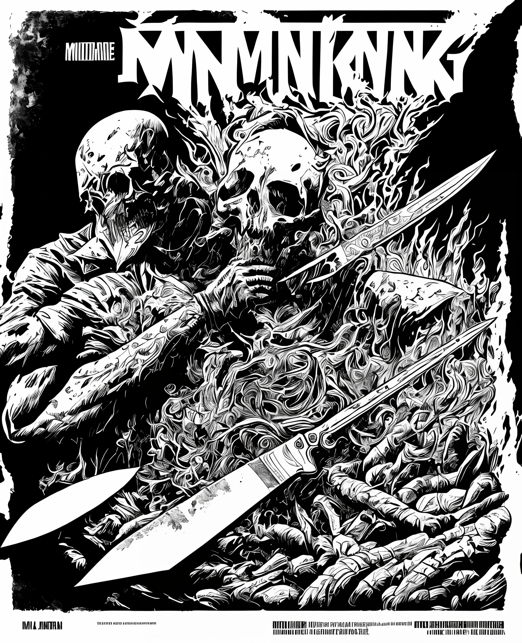 Drawing of Man committing high multilacing with a knife,blood everywhere,horror scene,macabre,detailed,metal album cover,death metal,drawing made of ink