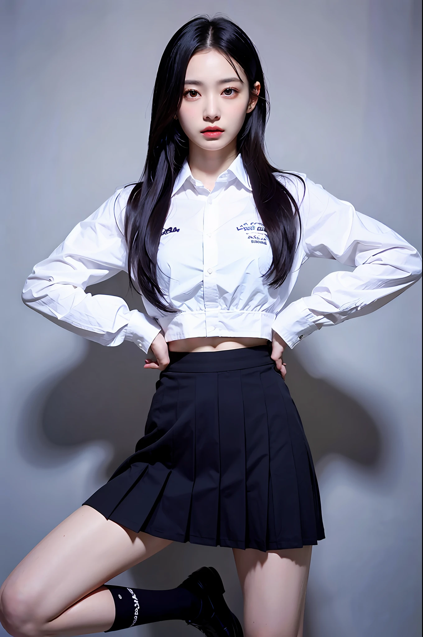 ((Top Quality, 8k, Masterpiece: 1.3)), 1 girl, Beauty with slender abs: 1.3, (Long hair, small: 1.2), Uniform: 1.1, White shirt, ultra-detailed face, detailed eyes, double eyelids, black pleated skirt, full body, knee-high socks, navel