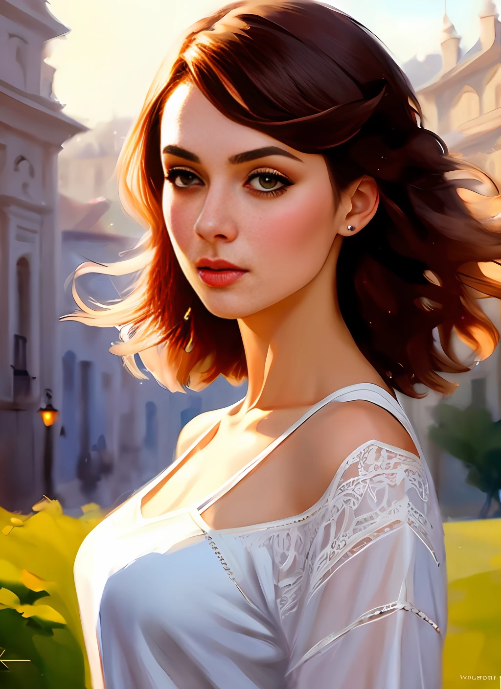 Bohemian beauty, braless, shirt, cell shaded, dynamic lighting, portrait, DDIM, WLOP, unreal engine, global illumination, detailed and intricate environment, intricate painting, HD, Razumov Konstantin, Vladimir Volegov.