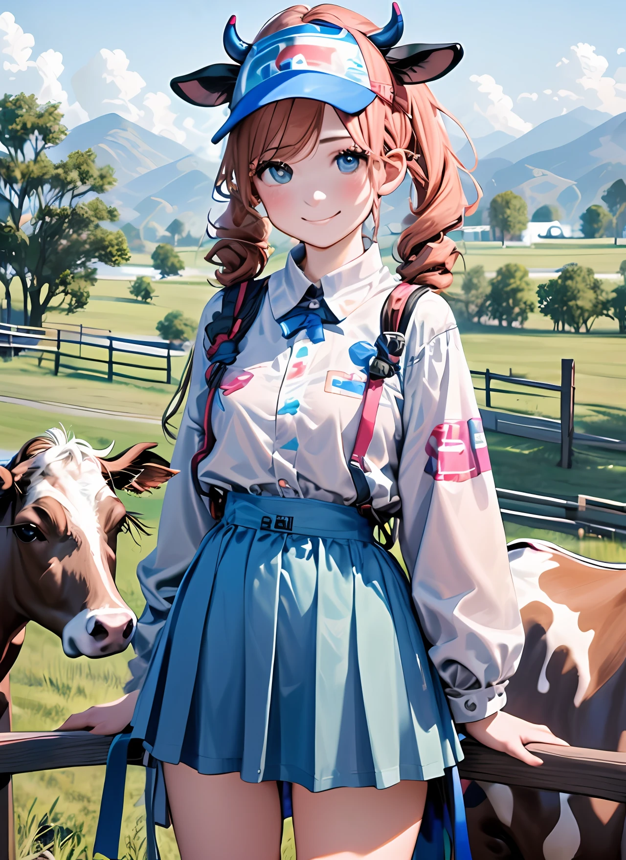 masterpiece,(ultra-detailed),1girl,,  cow print, cow girl, cow horns, cowbell, neck bell,  cow ears, cow tail, skirt, ,  cowboy shot, smile, pink and blue theme, pigtails