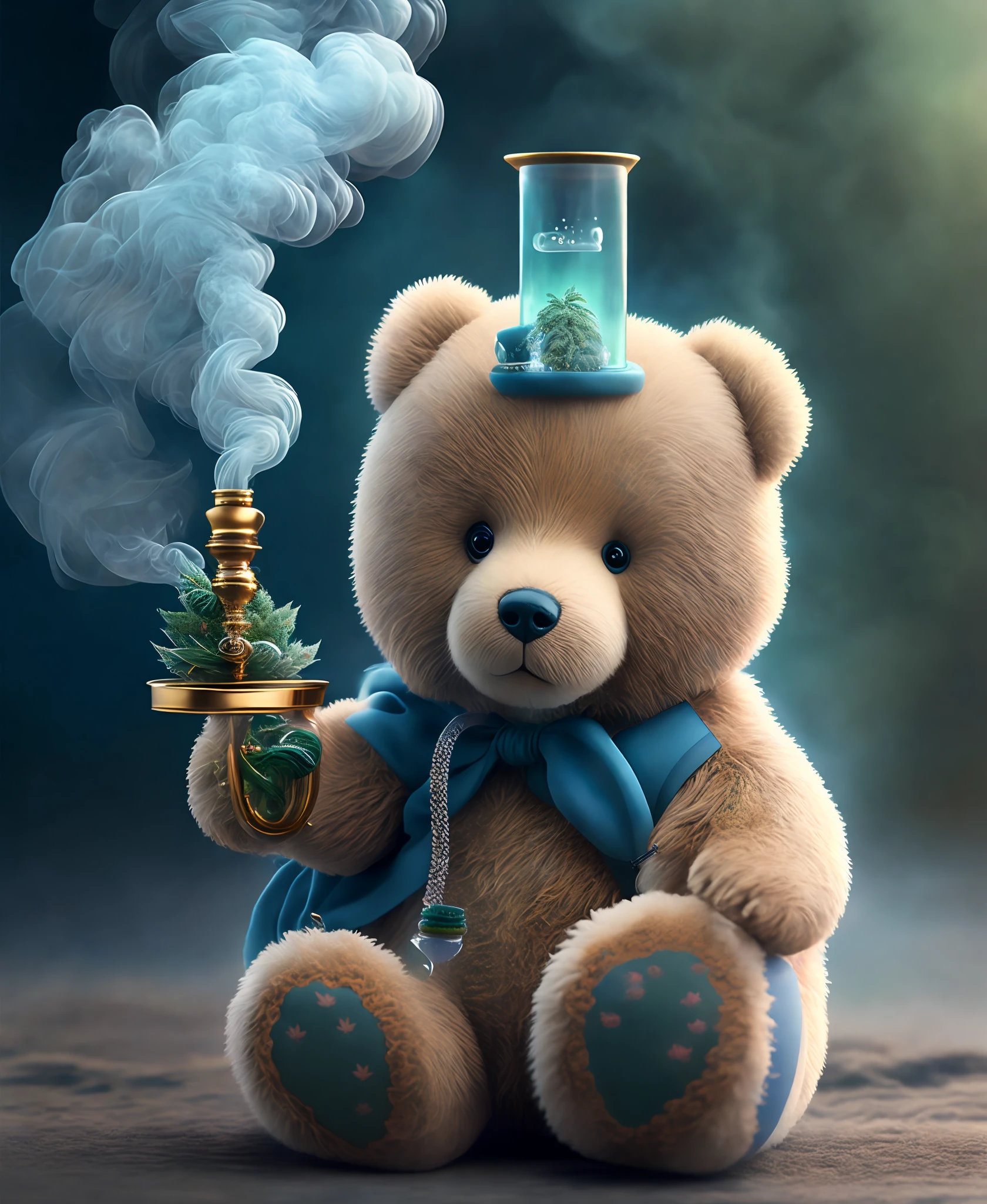 Super detailed, ultra-realistic, high resolution, full CG, stuffed teddy bear holding a water pipe in hand, smoking marijuana and getting high, drifting smoke, wanting to smoke,