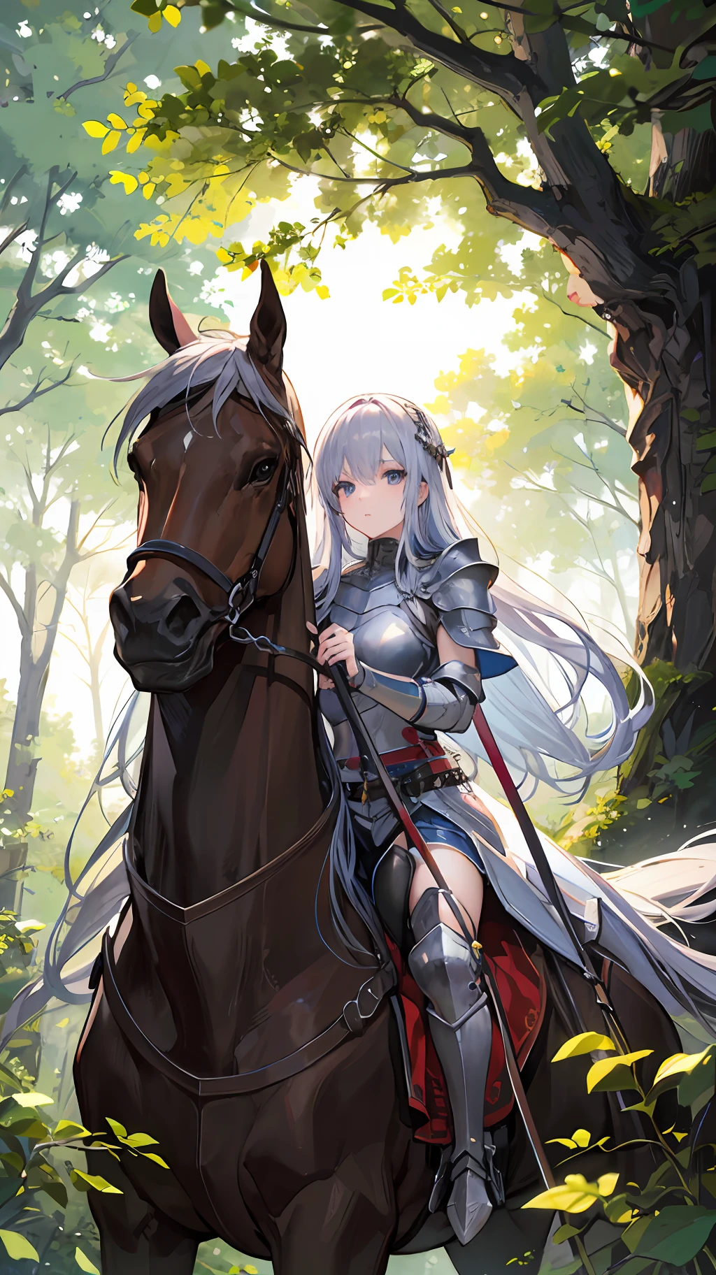 Masterpiece, best quality, 4k, 8k wallpapers, 1girl, long hair, detailed eyes, knight armor, medieval sword, riding on horse, middle of the forest,