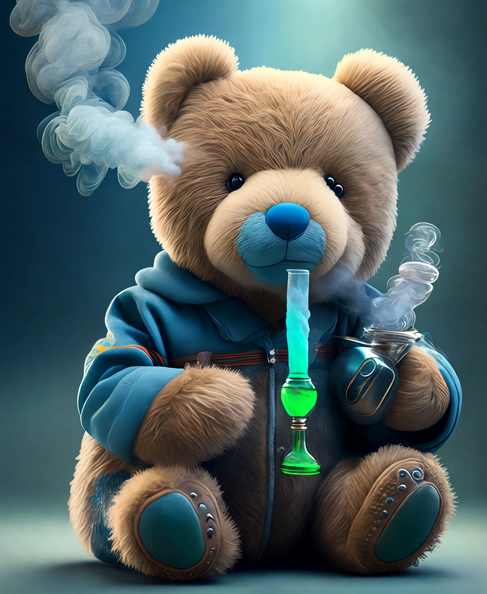 Super detailed, ultra-realistic, high resolution, full CG, stuffed teddy bear holding a water pipe in hand, smoking marijuana and getting high, drifting smoke, wanting to smoke,