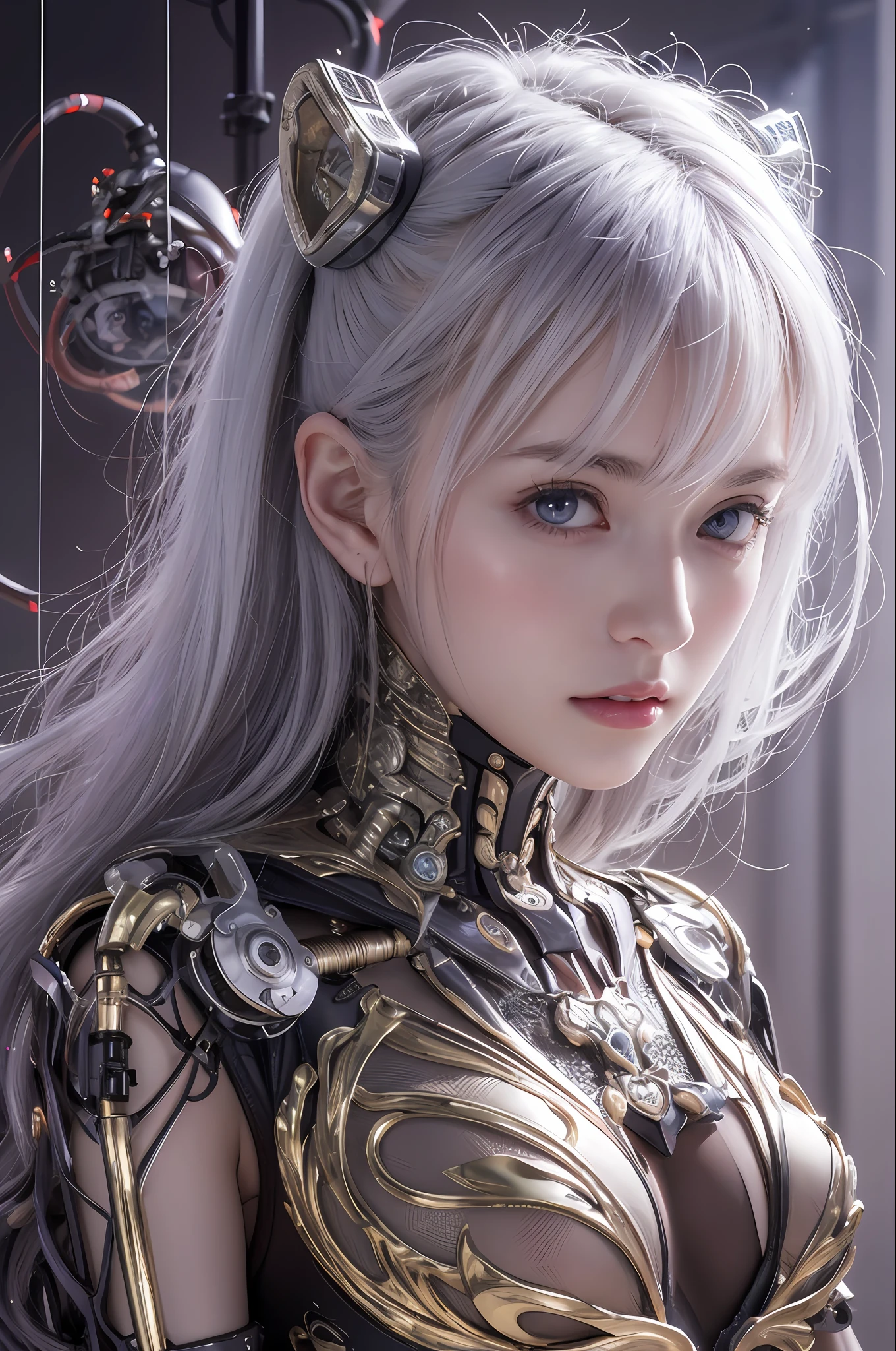 Top Quality, Masterpiece, Ultra High Resolution, (Photorealistic: 1.4), Raw Photo, 1 Girl, White Hair, Glossy Skin, 1 Mechanical Girl, (Ultra Realistic Details)), Portrait, Global Illumination, Shadows, Octane Rendering, 8K, Ultra Sharp, Big, Cleavage Exposed Raw Skin, Metal, Intricate Ornament Details, Cold Color, Egyptian details, very intricate details, realistic light, CGSoation trend, purple eyes, glowing eyes, facing the camera, neon details, mechanical limbs, blood vessels connected to tubes, mechanical vertebrae attached to the back, mechanical cervical attachment to the neck, sitting, wires and cables connecting to the head, evangelion, small LED lamp,