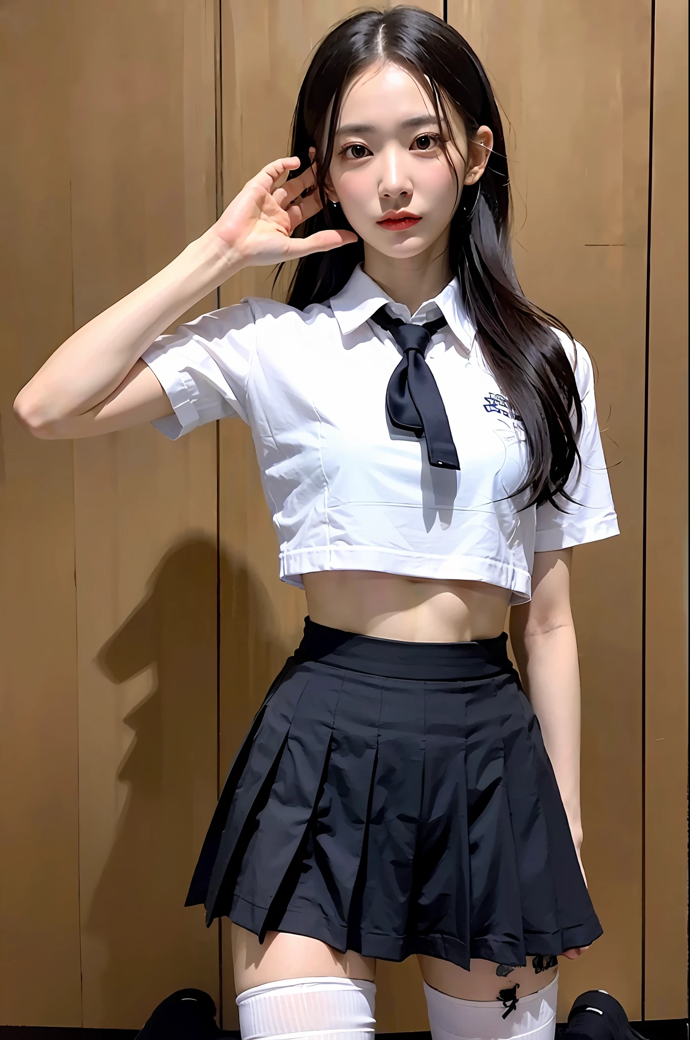 ((Top Quality, 8k, Masterpiece: 1.3)), 1 girl, Beauty with slender abs: 1.3, (Long hair, small: 1.2), Uniform: 1.1, White shirt, ultra-detailed face, detailed eyes, double eyelids, black pleated skirt, full body, knee-high socks, navel
Waiting to start