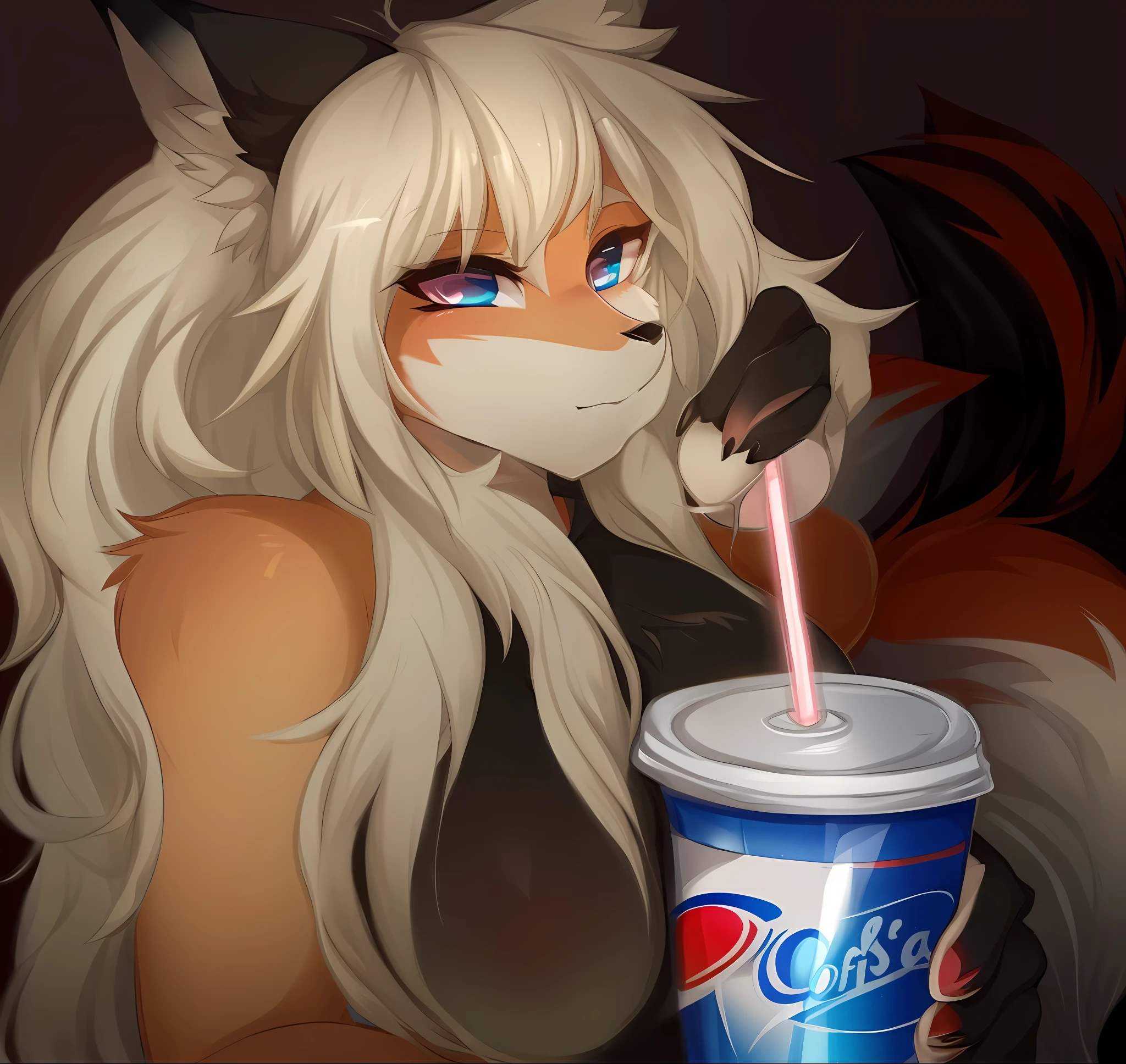 ((masterpiece, best quality, hug)), (Anthro furry:1.3, anthro:1.3, hairy:1.2, halfbody:1.2, neckline), by teranen, (coffeesoda:1.1), teranen, fox, anthro, female, solo, very chubby, curvy thighs, huge thighs, (fox, fox ears, pink fox, white hair, bangs, chest fluff), big boobs, chubby, drinking, Pepsi