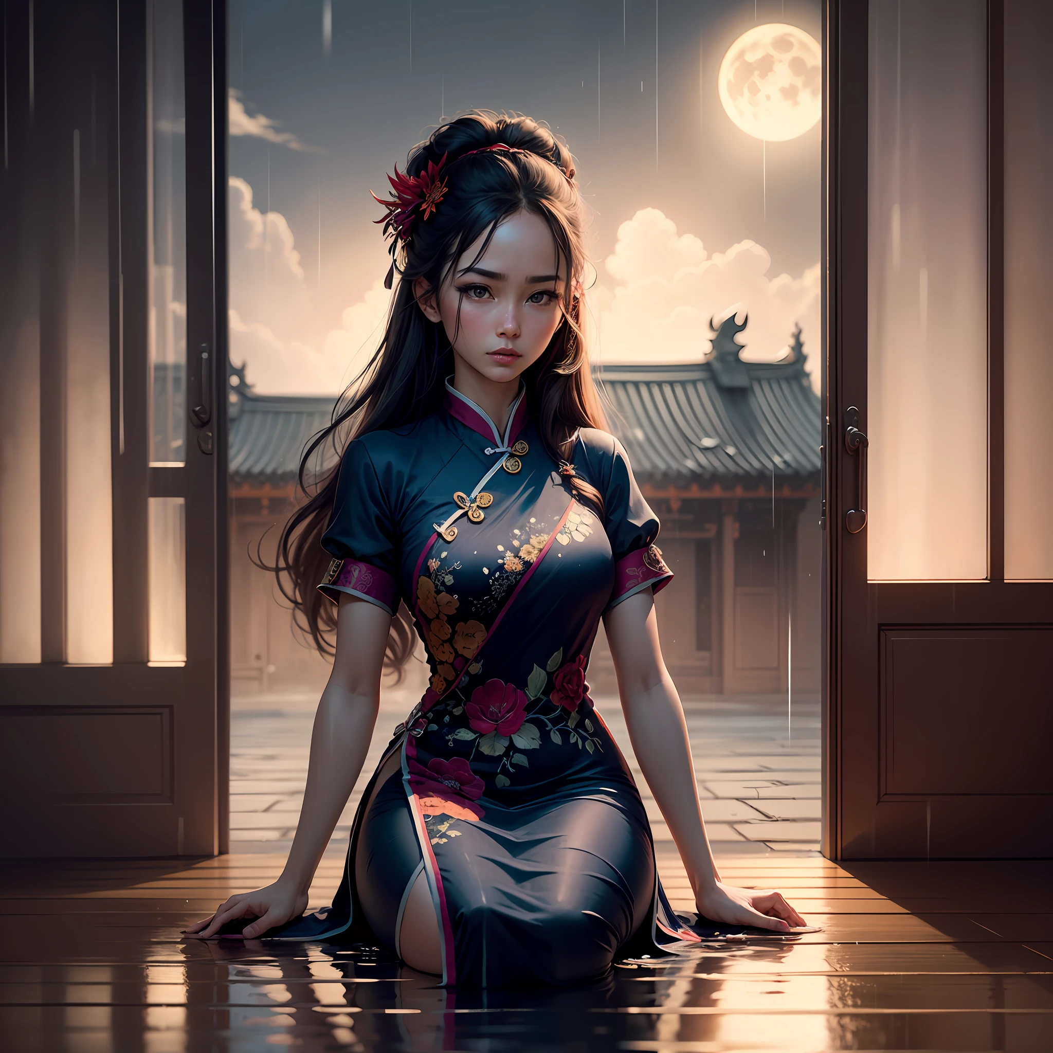 (8k, RAW photo: 1.2), highest quality, ultra-high resolution, dramatic angle, (fine color splashes), (illustration), (((one girl))), (long hair), (rain: 0.9), (hair ornament: 1.4), there is an ancient palace next to the girl, cheongsam, (focus), color ink painting, (color splash), colorful splash, (((colorful))), (sketch: 0.8) ), masterpiece, top quality, beautifully painted, highly detailed, (noise reduction: 0.6), [splash ink], ((ink refraction)), (beautifully detailed sky), moon, highly detailed , (masterpiece, highest quality, highly detailed) CG Unity 8k wallpaper, masterpiece, highest quality, ultra-detailed), (Lycoris radiata),, --auto