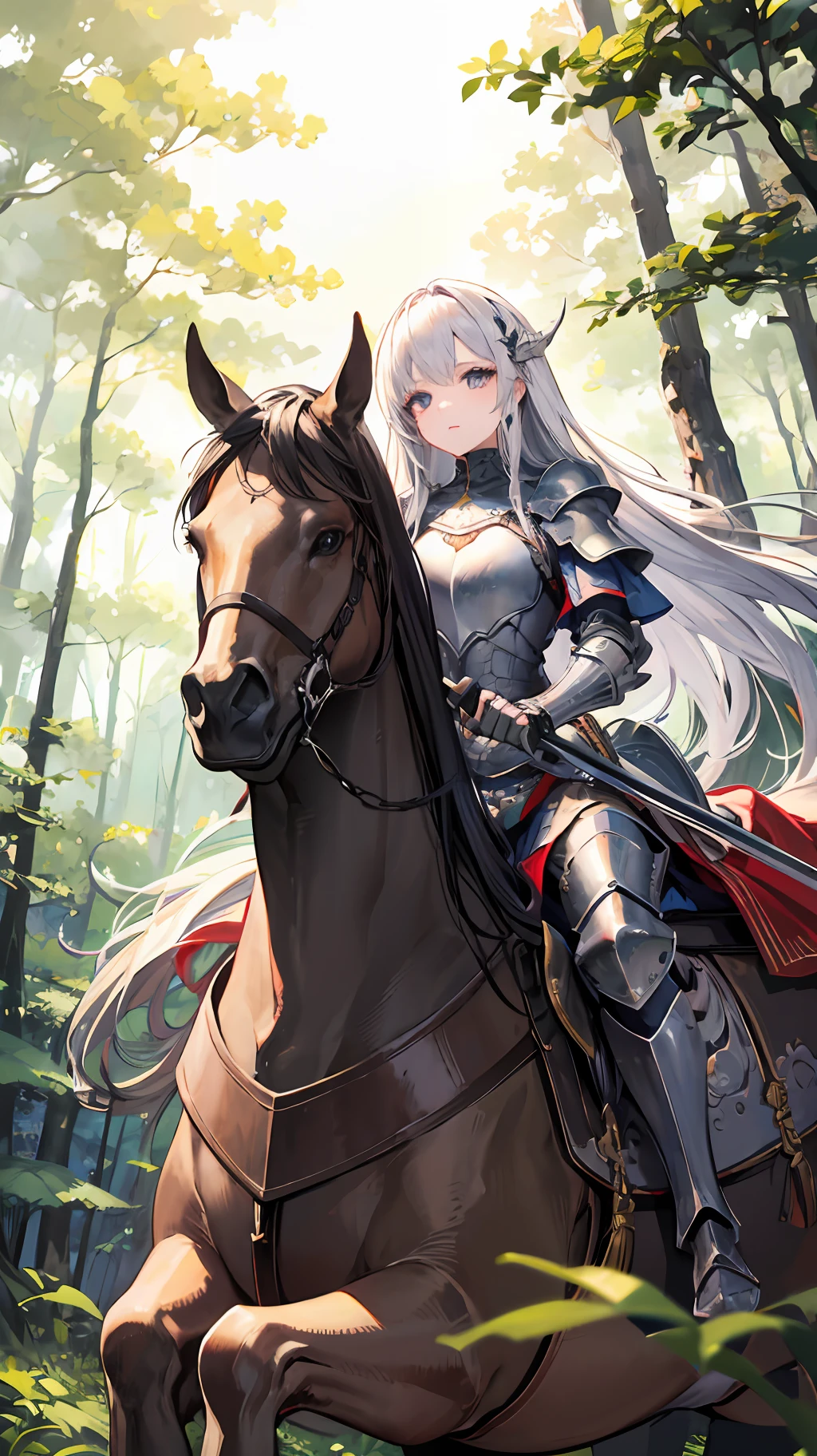 Masterpiece, best quality, 4k, 8k wallpapers, 1girl, long hair, detailed eyes, knight armor, medieval sword, riding on horse, middle of the forest,