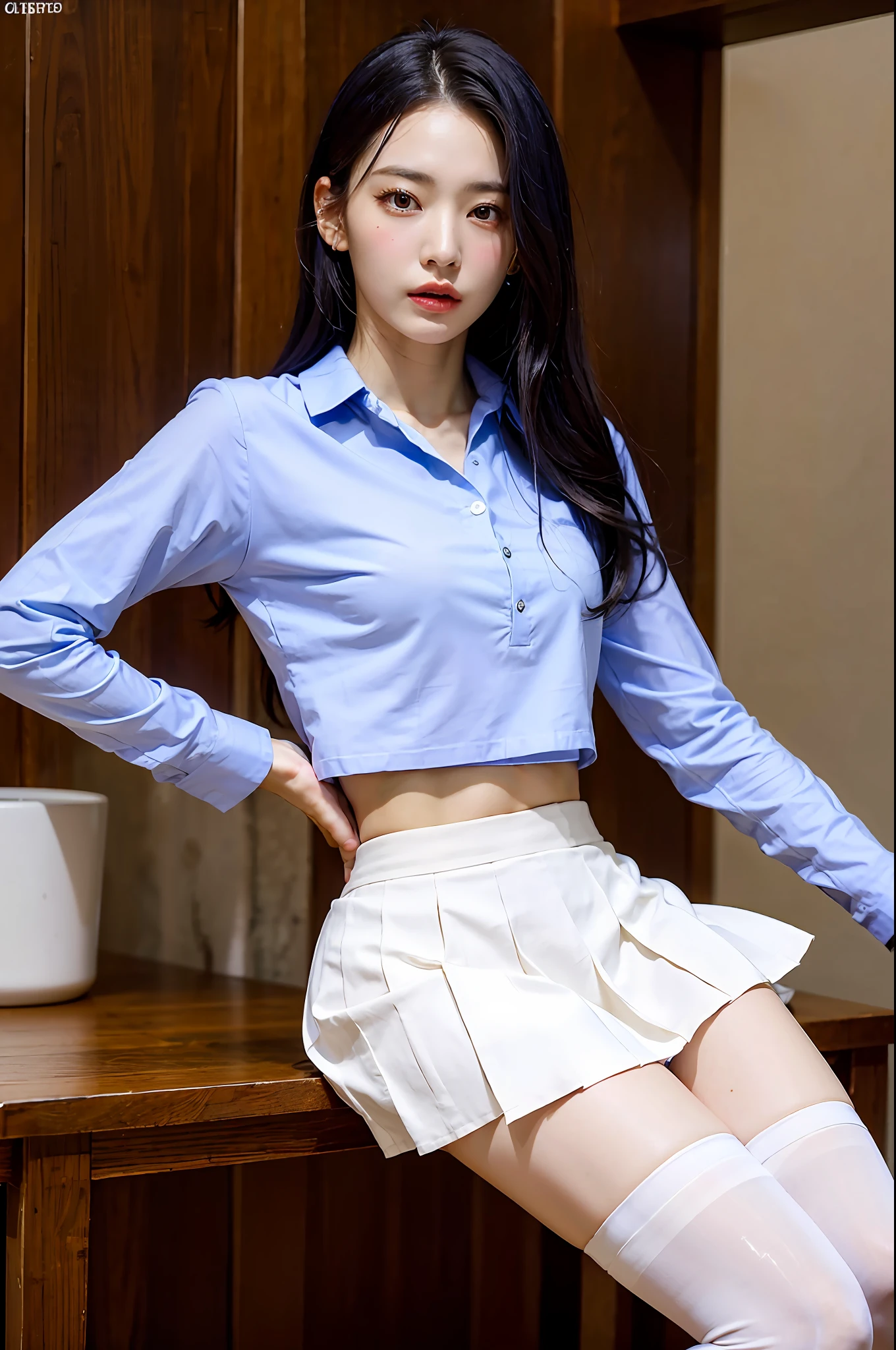 ((Top Quality, 8k, Masterpiece: 1.3)), 1 girl, Beauty with slender abs: 1.3, (Long hair, small: 1.2), Uniform: 1.1, White shirt, Ultra detailed face, Detailed eyes, Double eyelids, Pleated skirt, Full body, Knee high socks, Navel