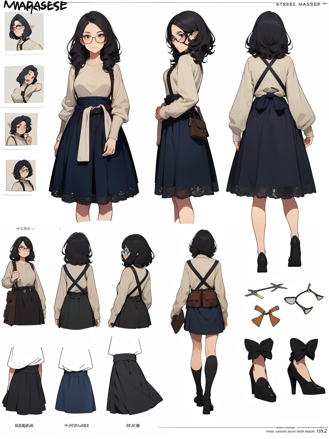 ((masterpiece)),(((best quality))),(character design sheet, same character, front, side, back), elven woman, glasses, curly black hair, bows, lace, white sweater, bright blue, blue long skirt, long skirt, satchels, pouches on waist, harness, tool belt, tools