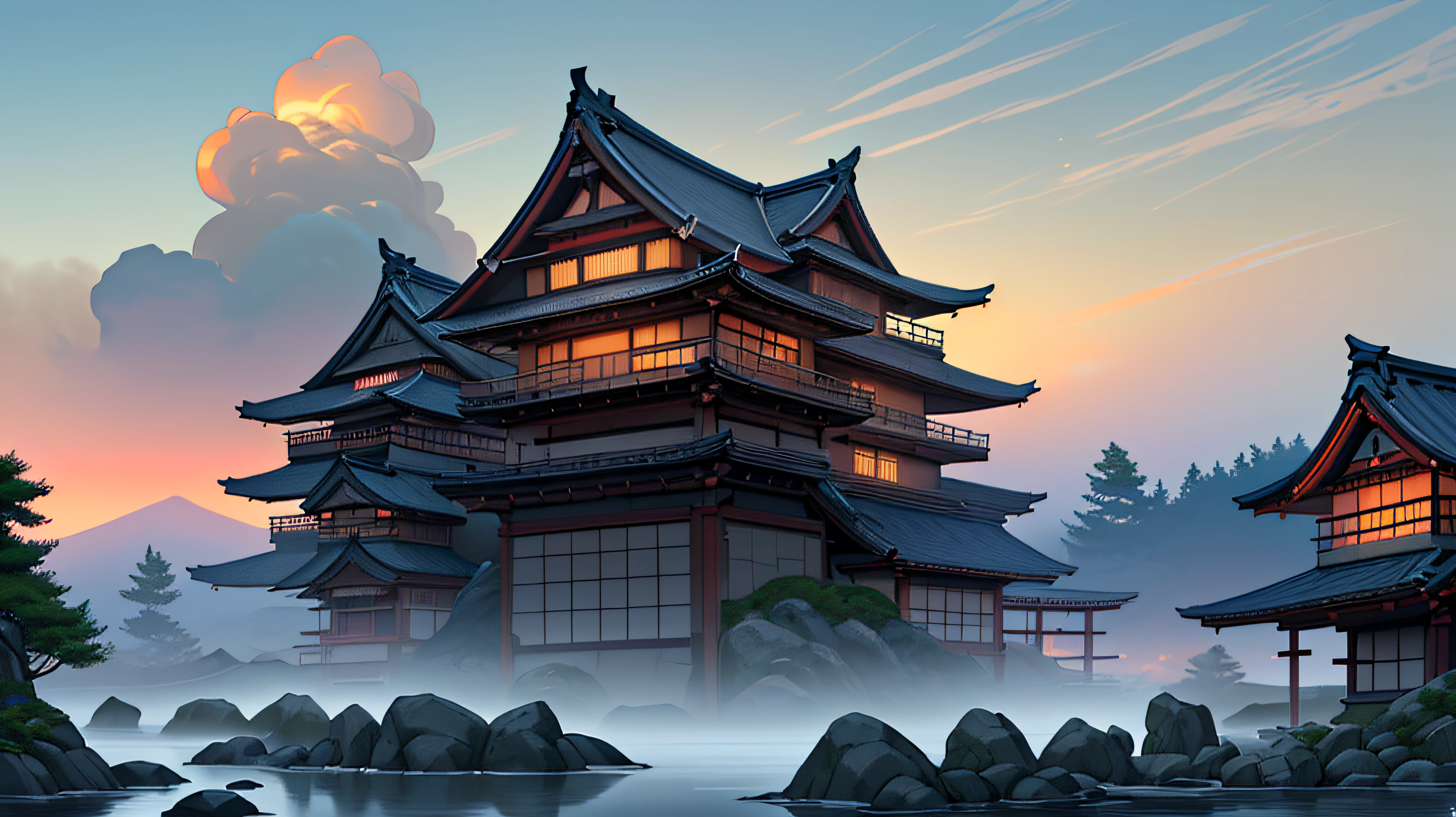 A Japanese castle, made of wood, with yellow candle lights, with a river in front, the castle has to be on the moon, ultra realistic, as if it were in real life --auto