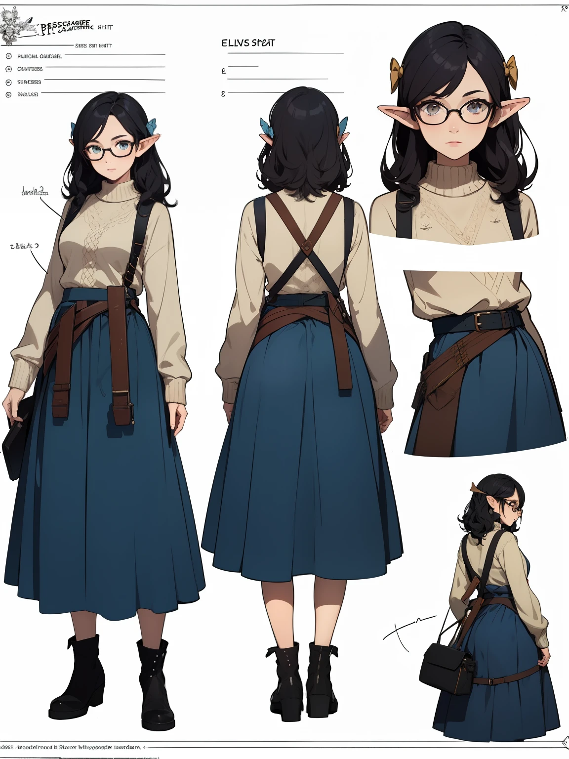 ((masterpiece)),(((best quality))),(character design sheet, same character, front, side, back), elven woman, glasses, curly black hair, bows, lace, white sweater, bright blue, blue long skirt, long skirt, satchels, pouches on waist, harness, tool belt, tools